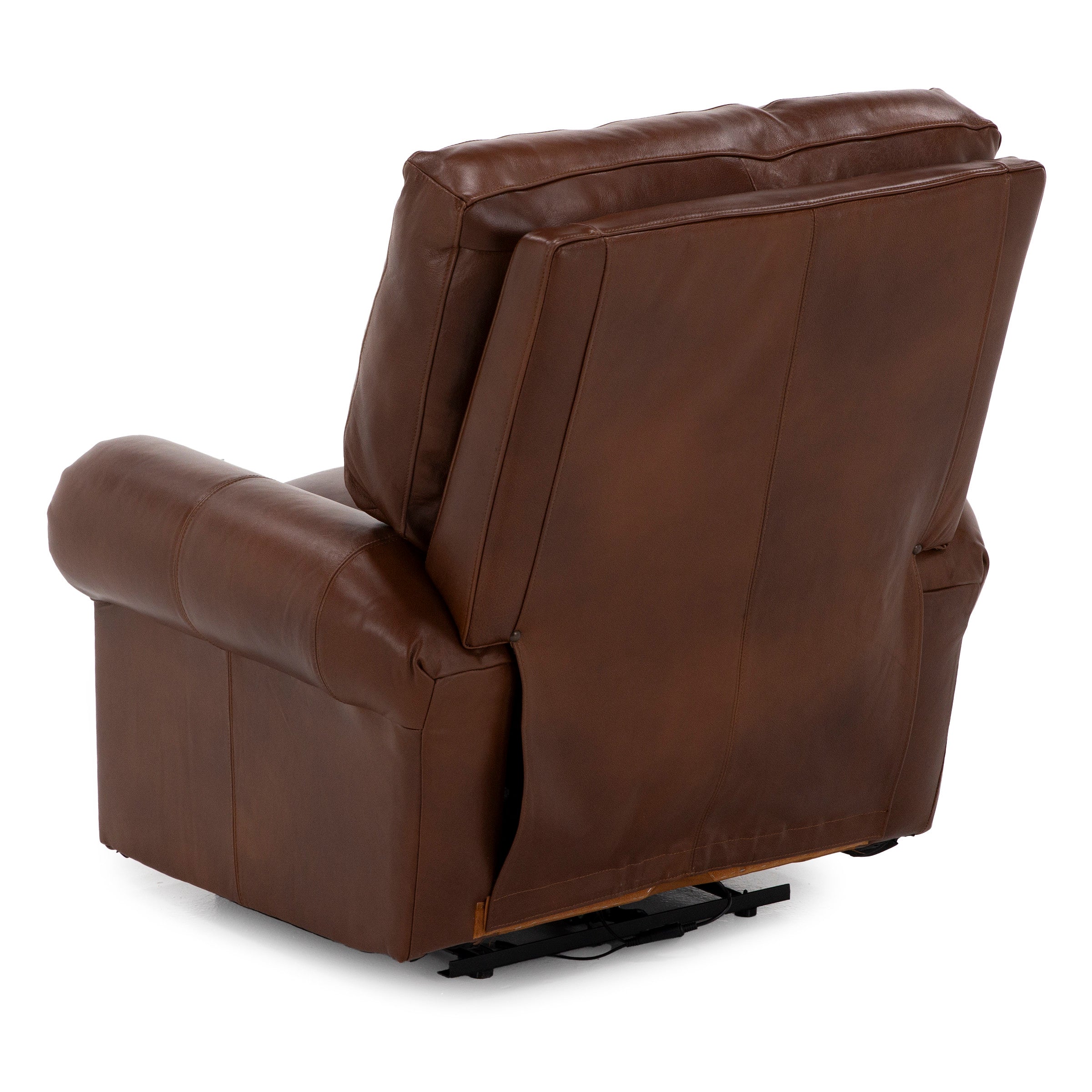 Back view of a brown leather recliner chair.