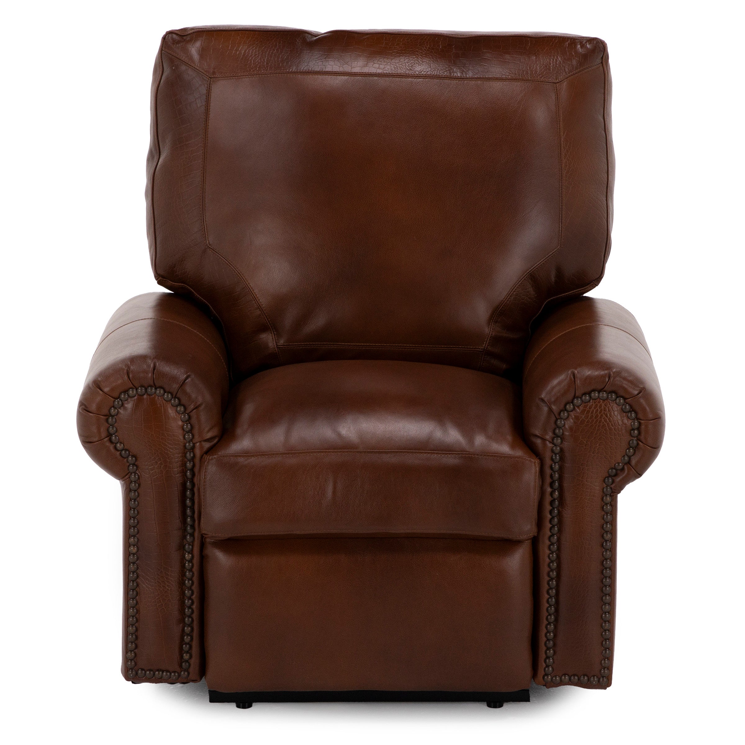 Brown leather armchair with nailhead trim, front view.