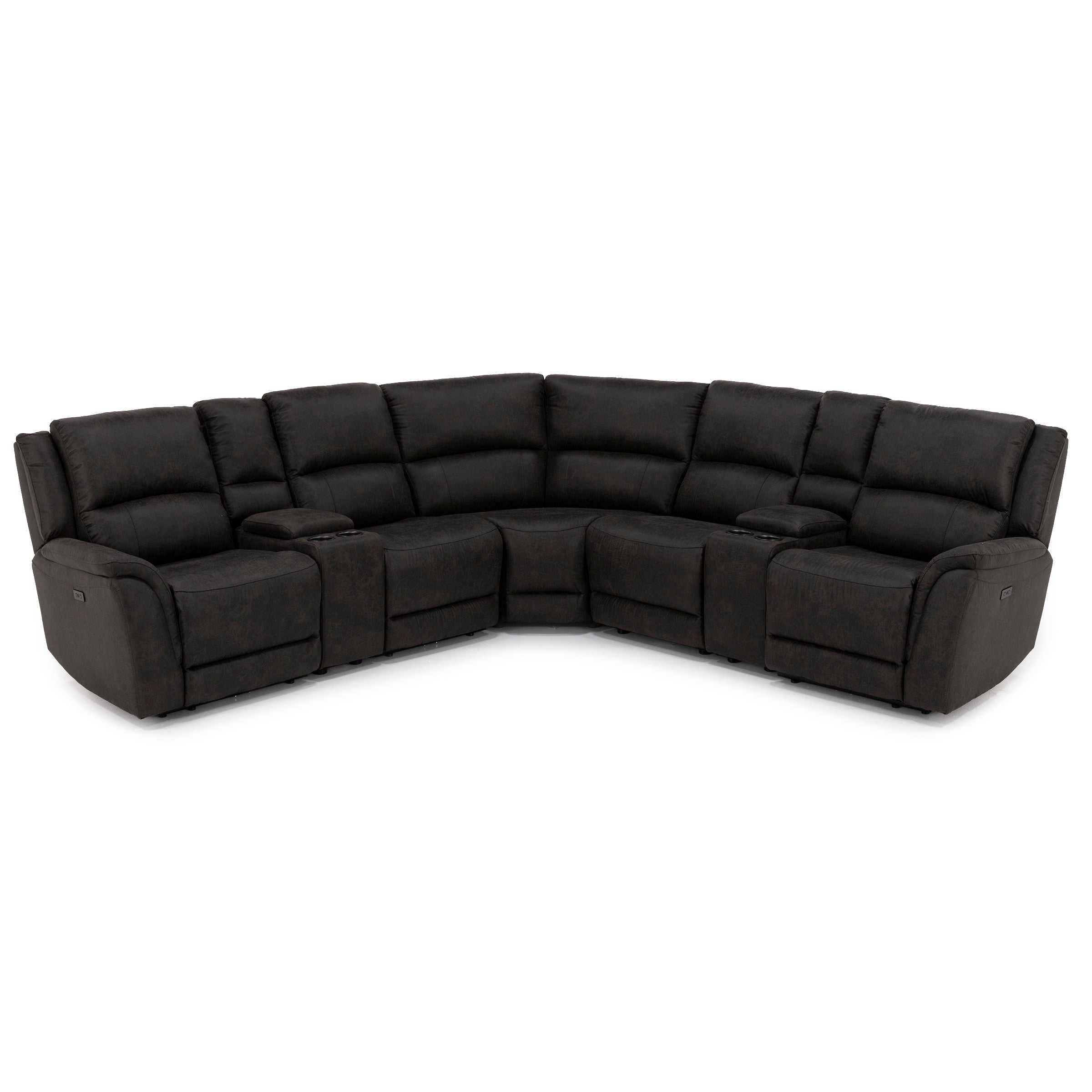 Large dark gray L-shaped sectional sofa with cup holders and reclining seats.