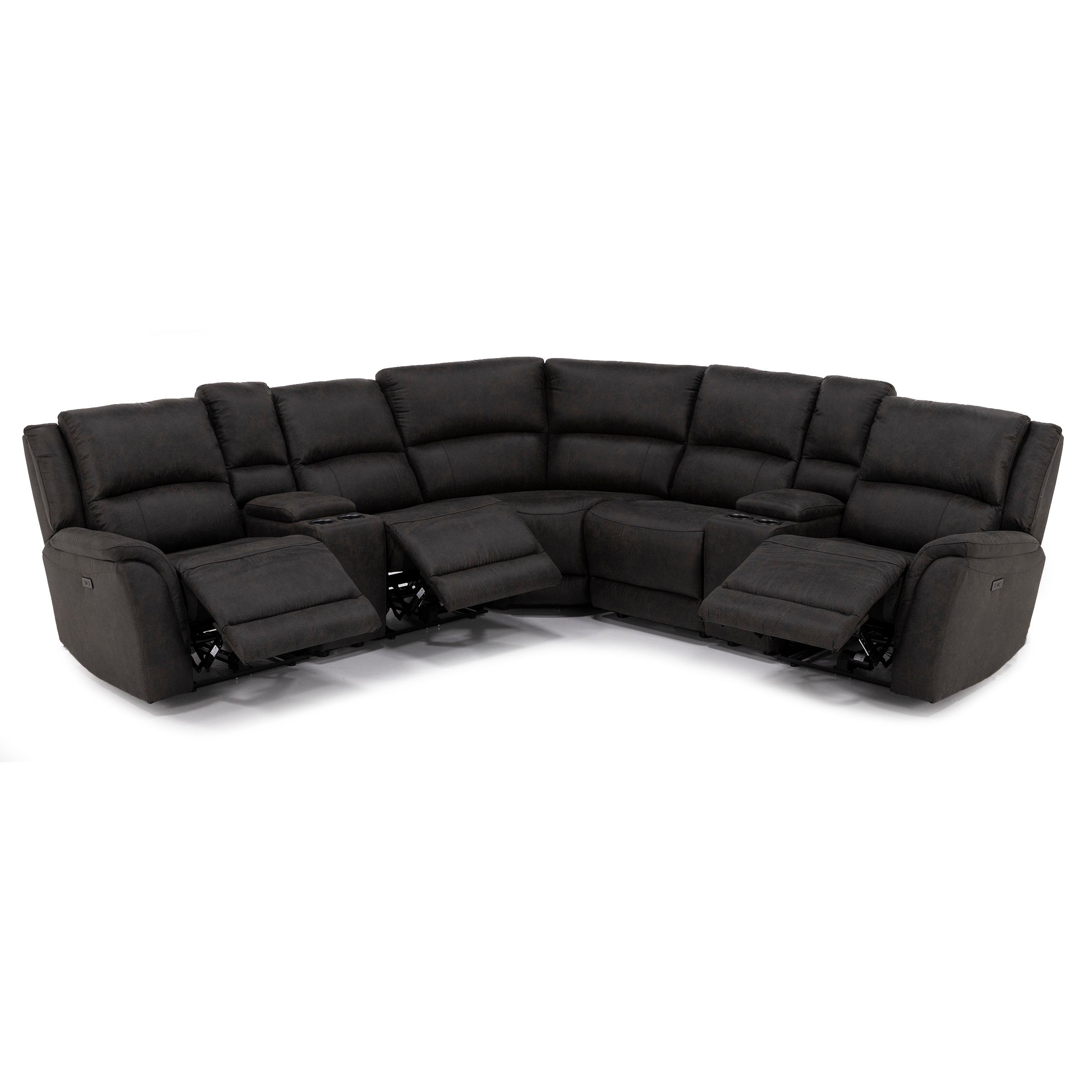 Large dark grey sectional reclining sofa with cup holders, shown fully reclined.