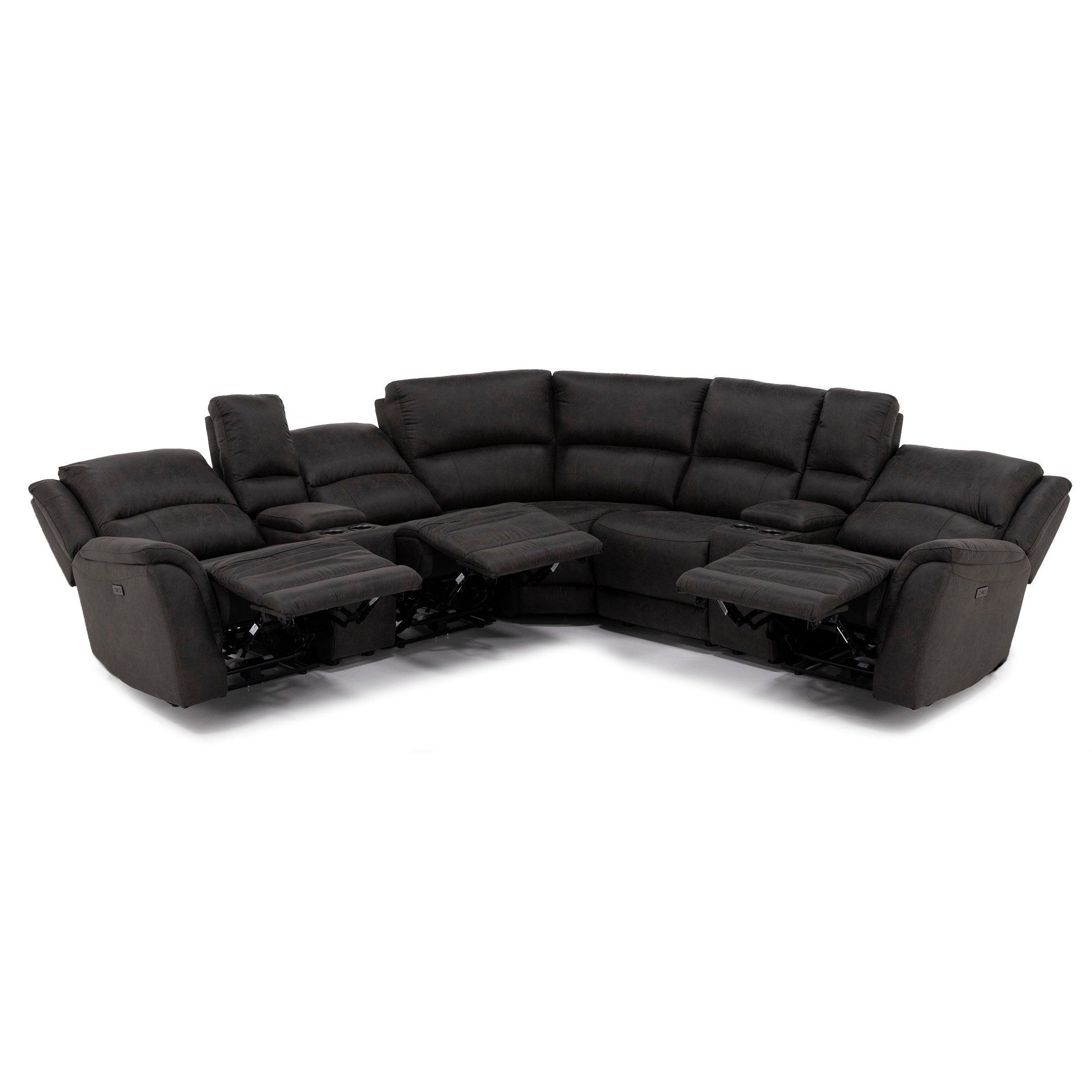 Dark sectional reclining sofa with cup holders and extended footrests.