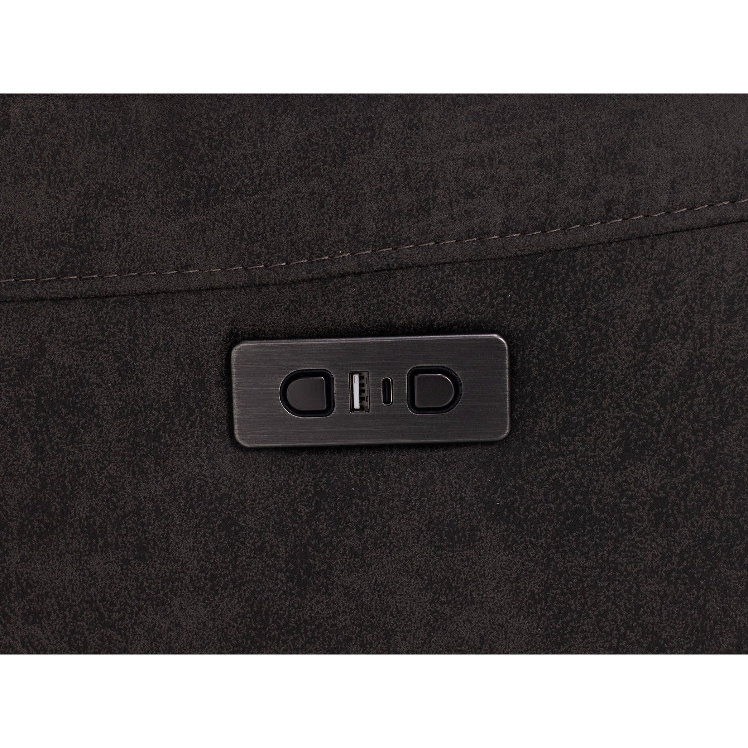 Close-up of a power control panel with USB and buttons on a dark textured surface.