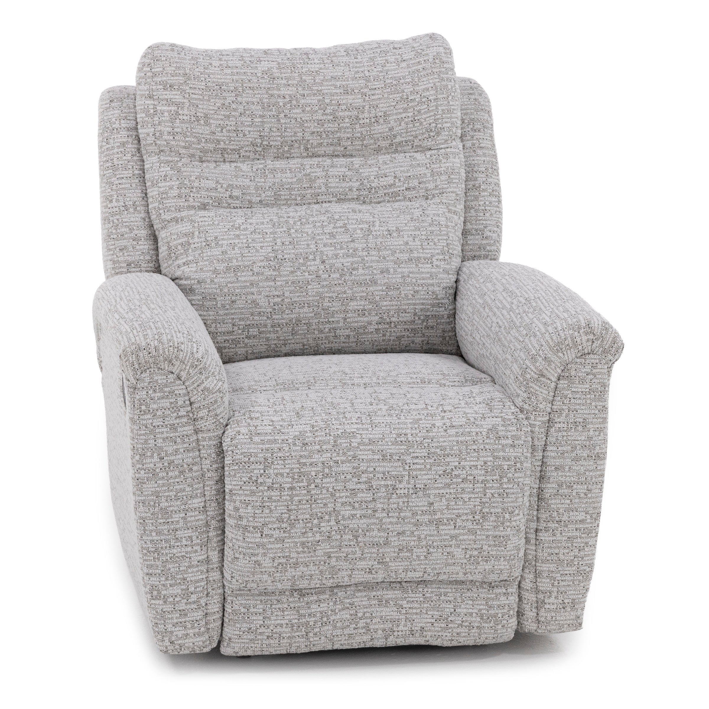 Light gray upholstered recliner chair with plush arms and backrest.