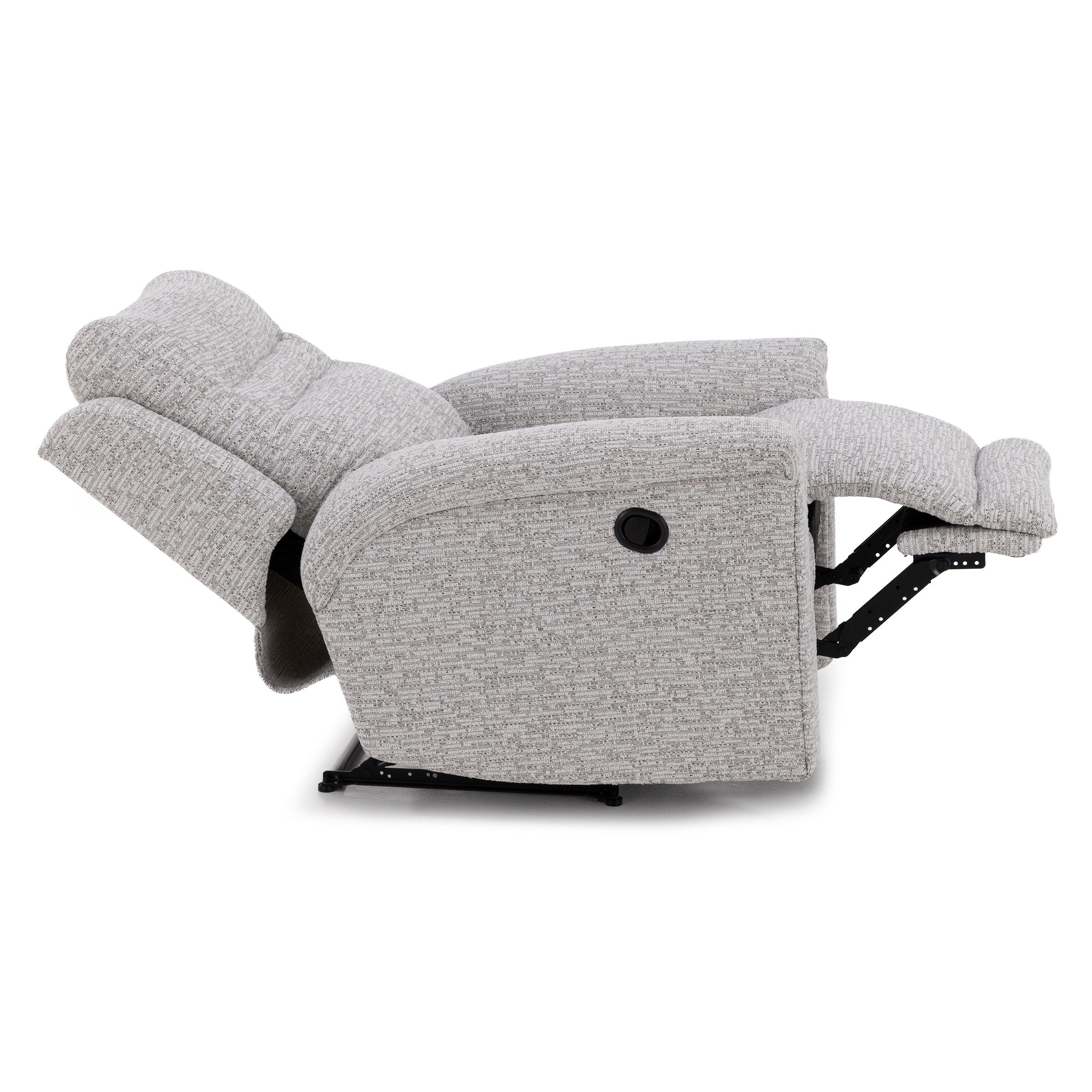 Side view of a light gray fabric recliner chair in a fully reclined position.