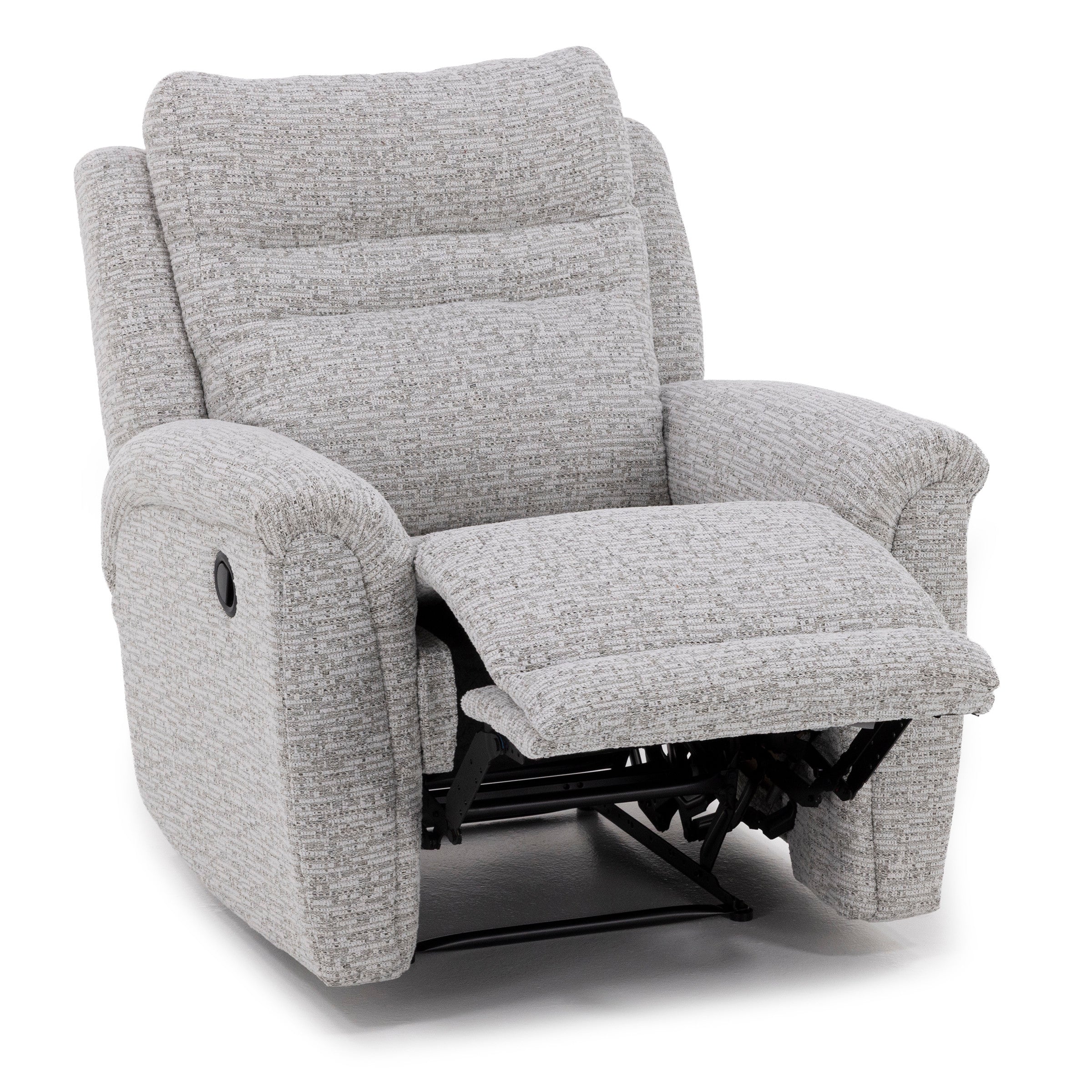 Light gray upholstered recliner chair with extended footrest on white background.