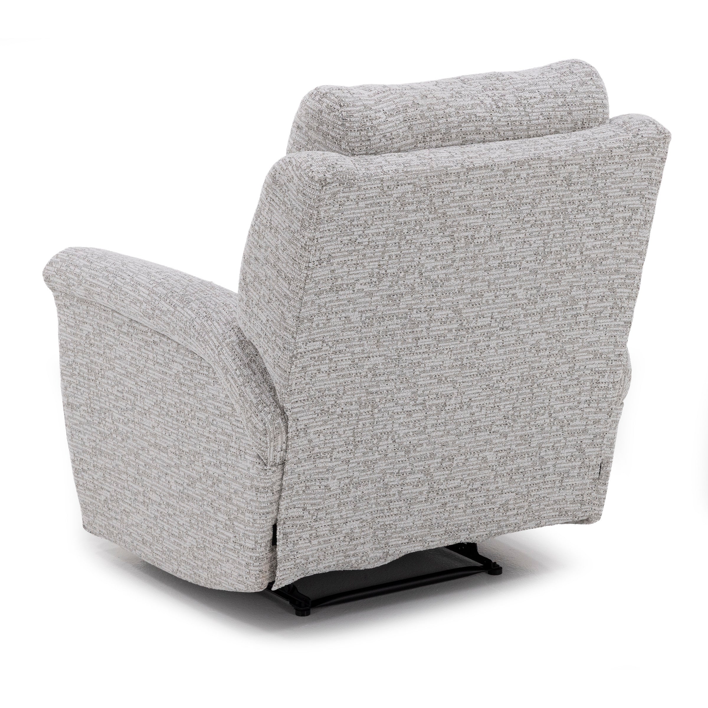 Back view of a light gray fabric recliner chair with textured upholstery.