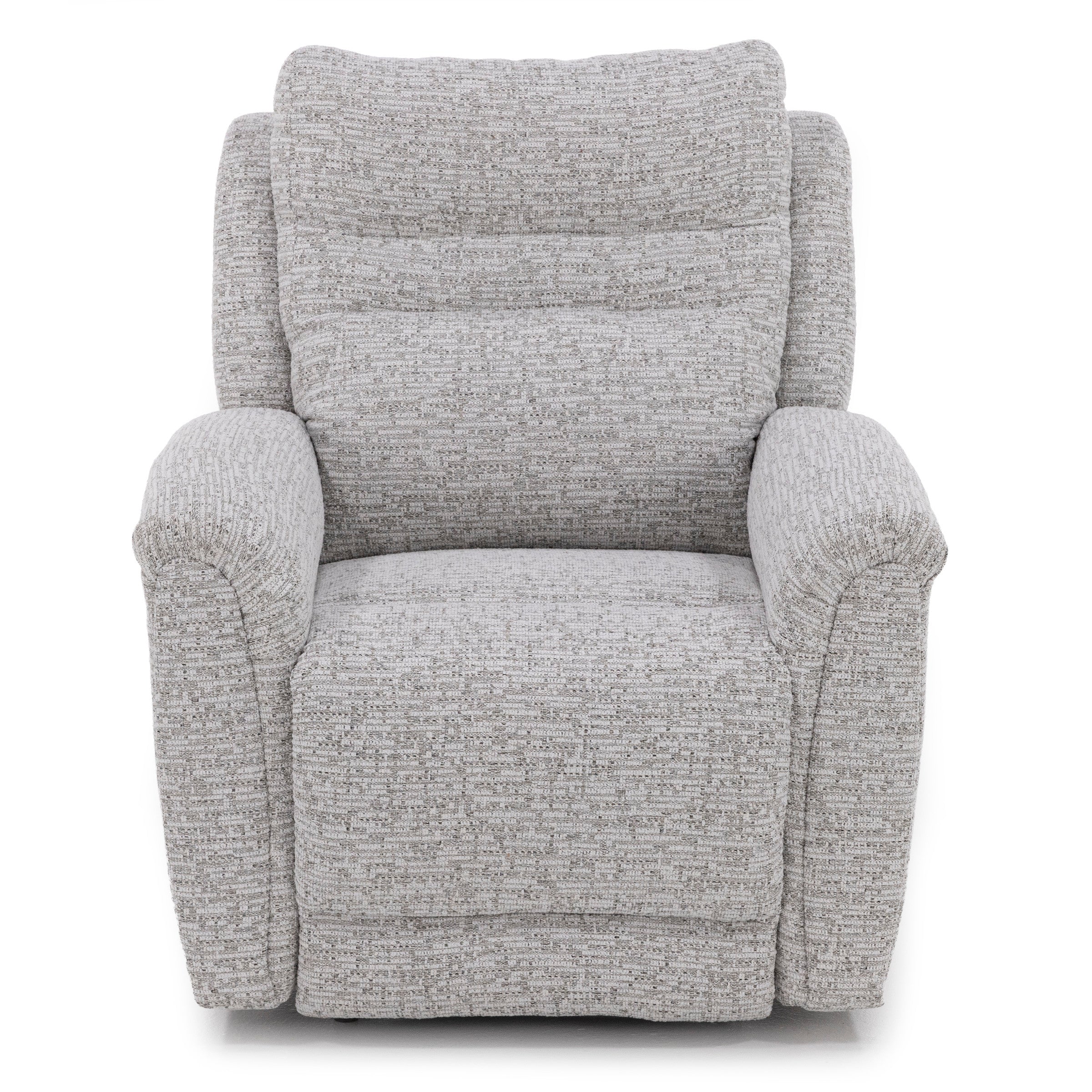 Light gray upholstered armchair with plush padded seat and back, shown from the front.