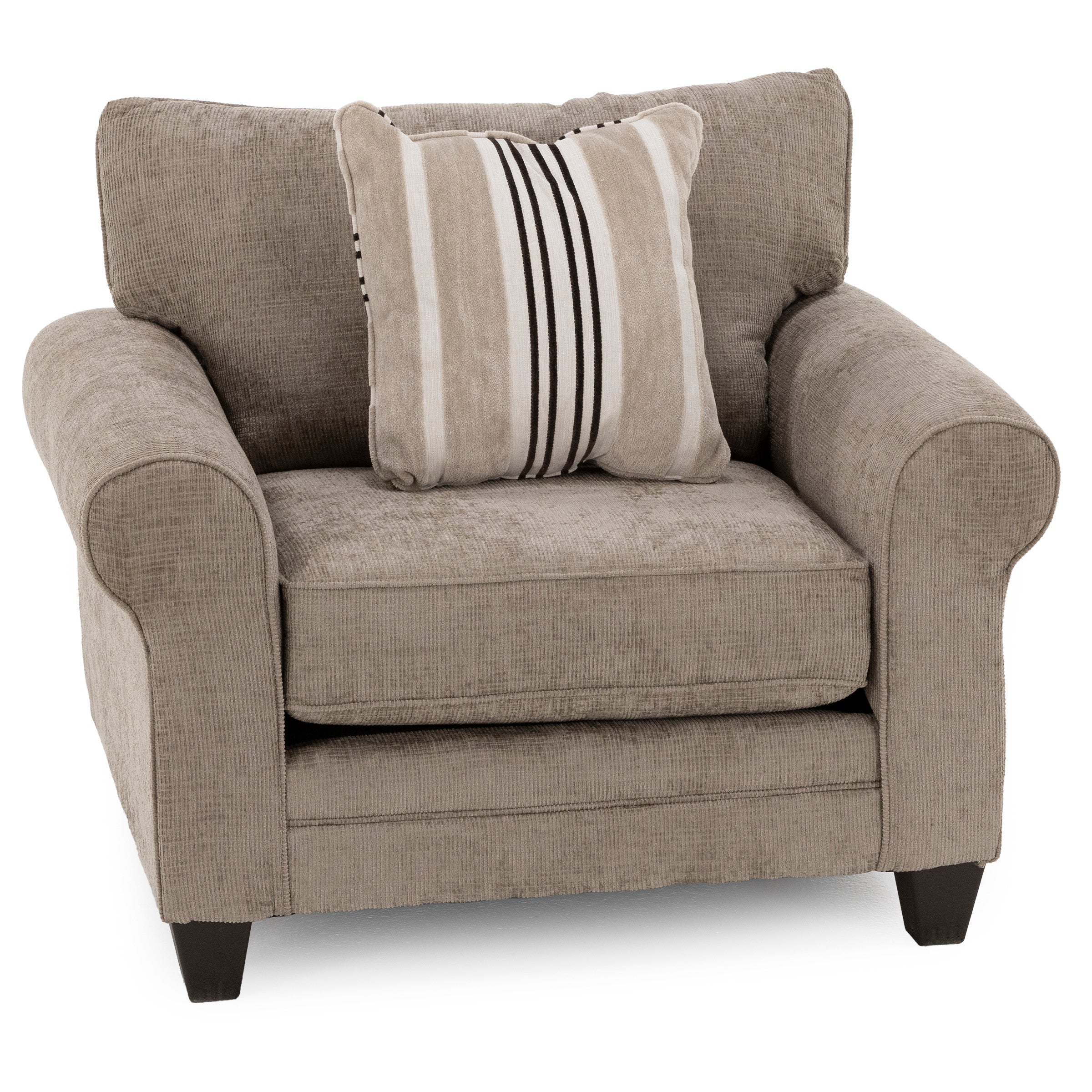 Light brown armchair with a striped accent pillow on seat.