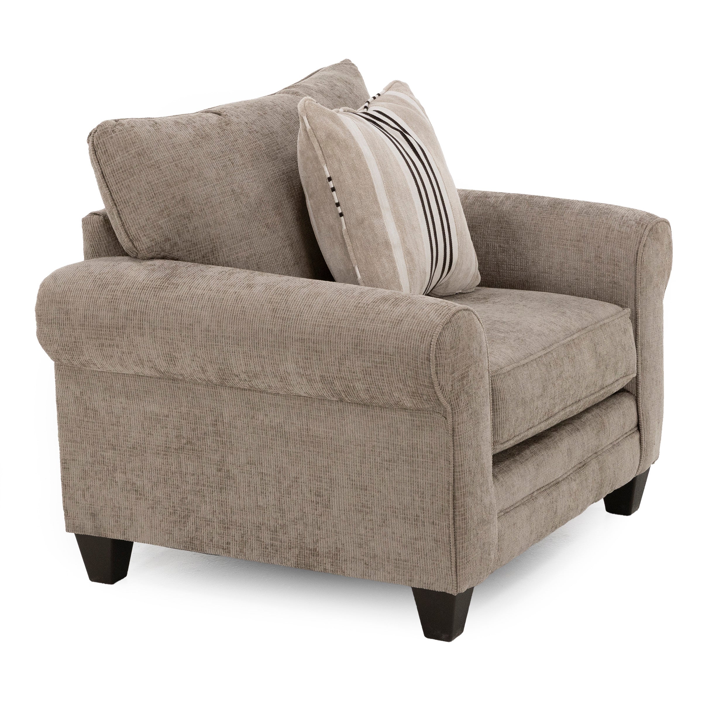 Beige fabric armchair with striped accent pillow.