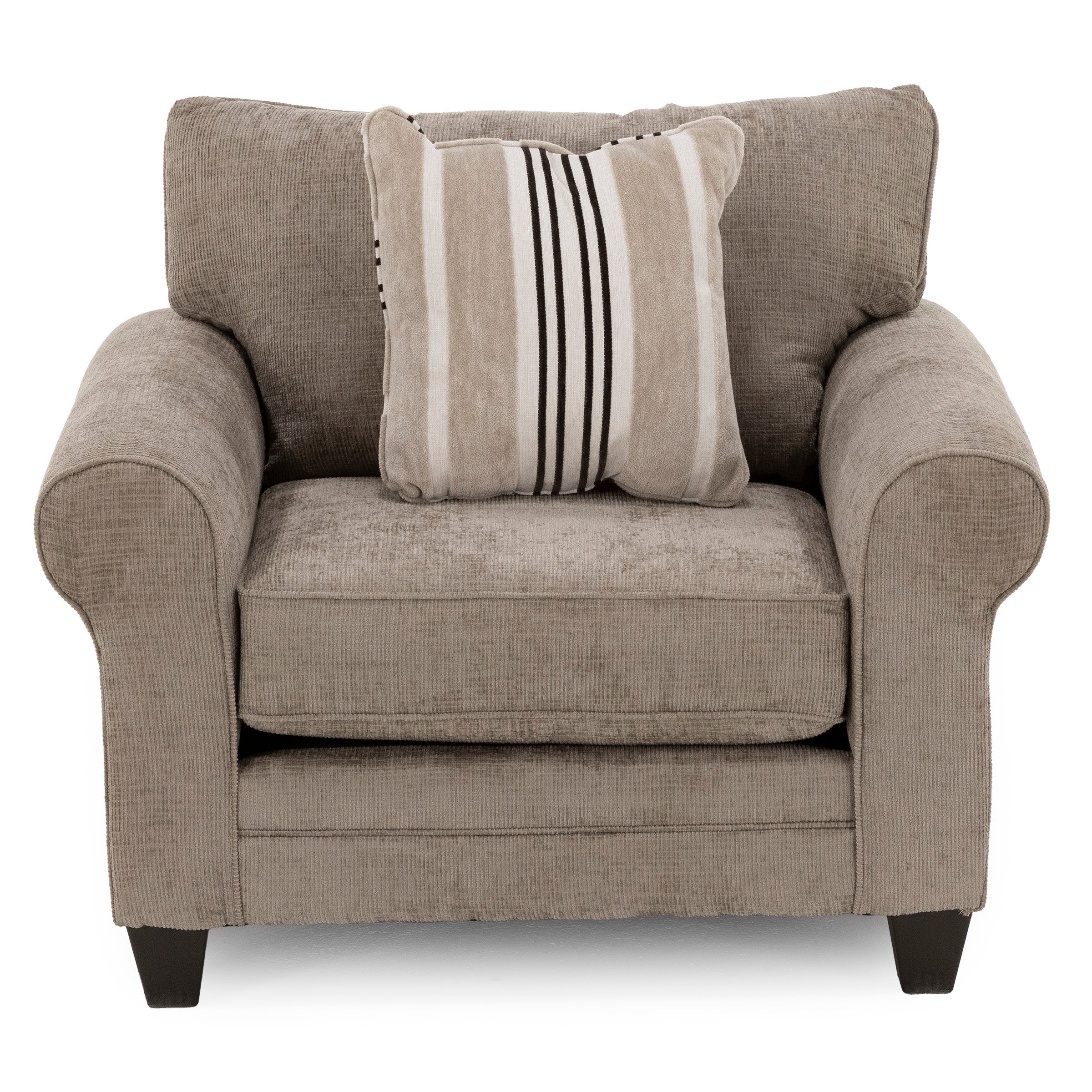 Gray upholstered chair with rolled arms and a striped pillow.