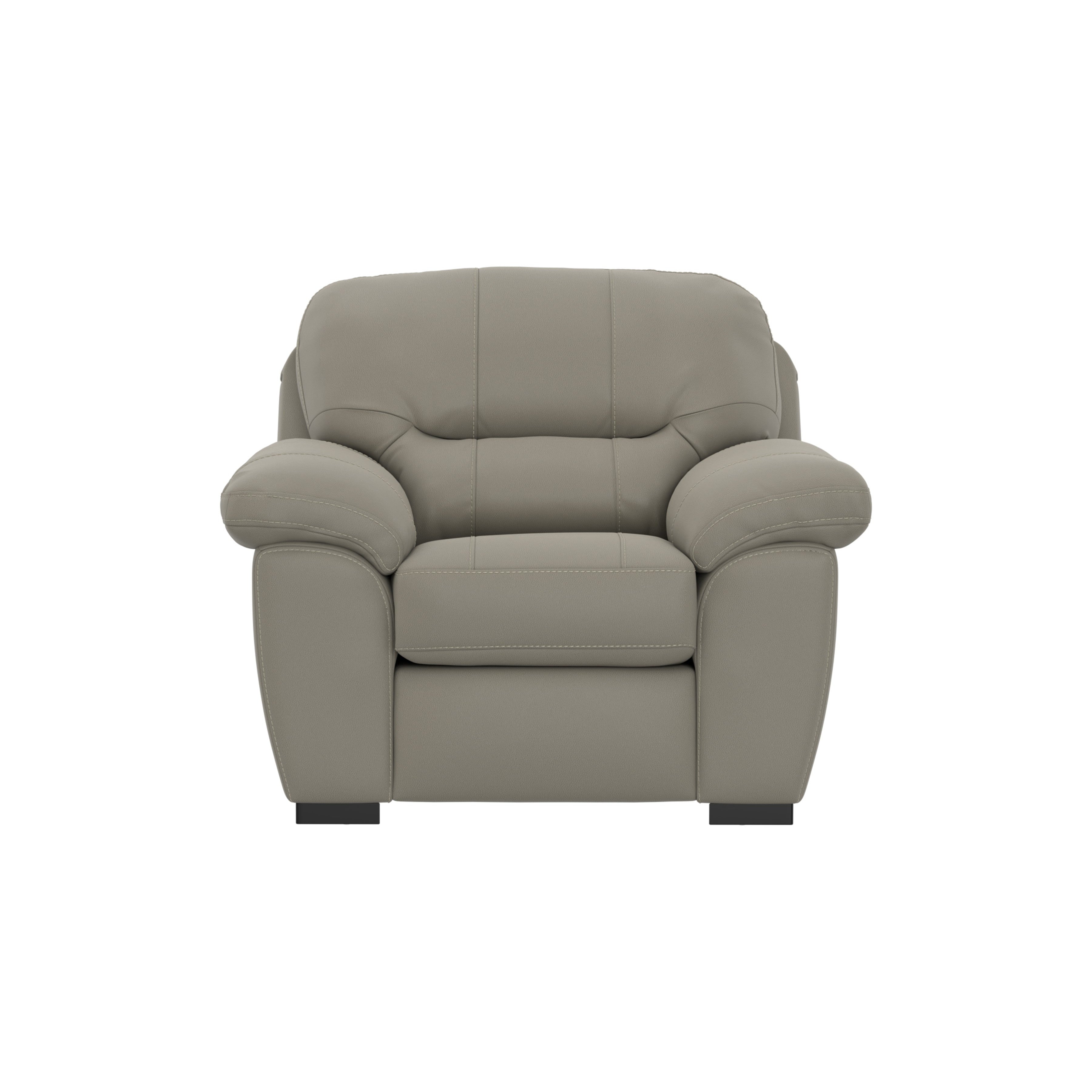 Front view of a taupe leather armchair with plush cushions and wide armrests.