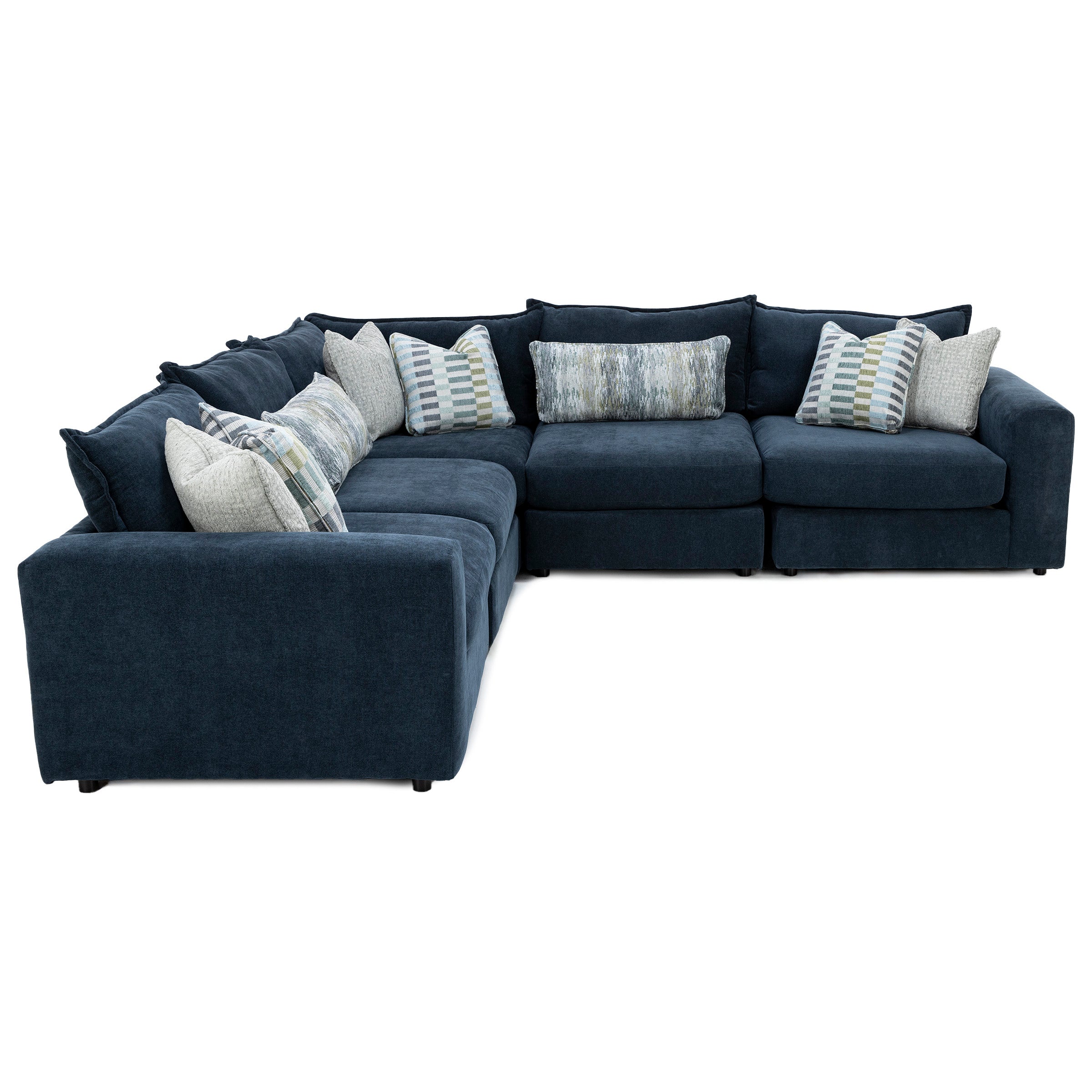 Navy blue sectional sofa with assorted patterned throw pillows.