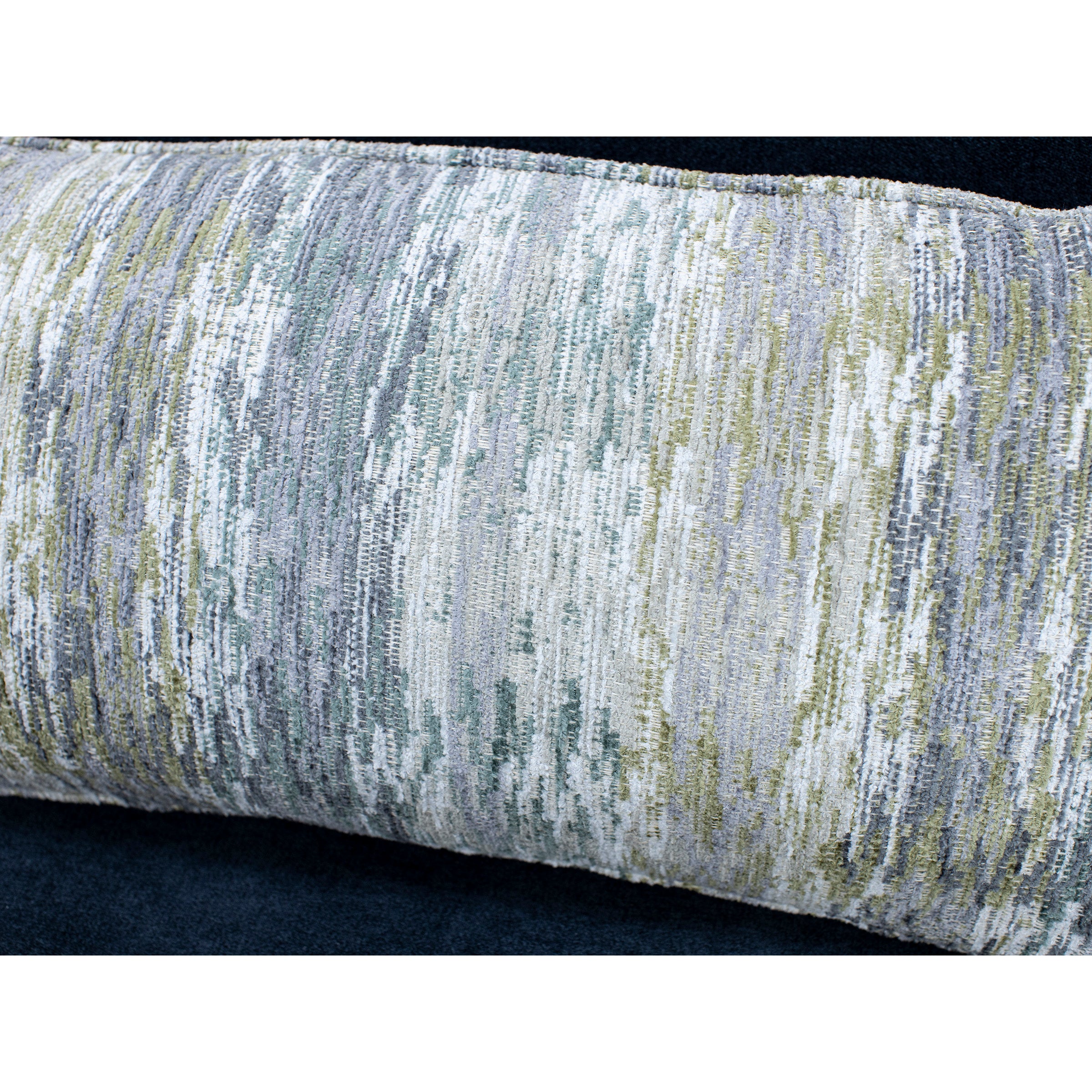 Textured accent pillow with a soft blue, green, and gray abstract pattern.