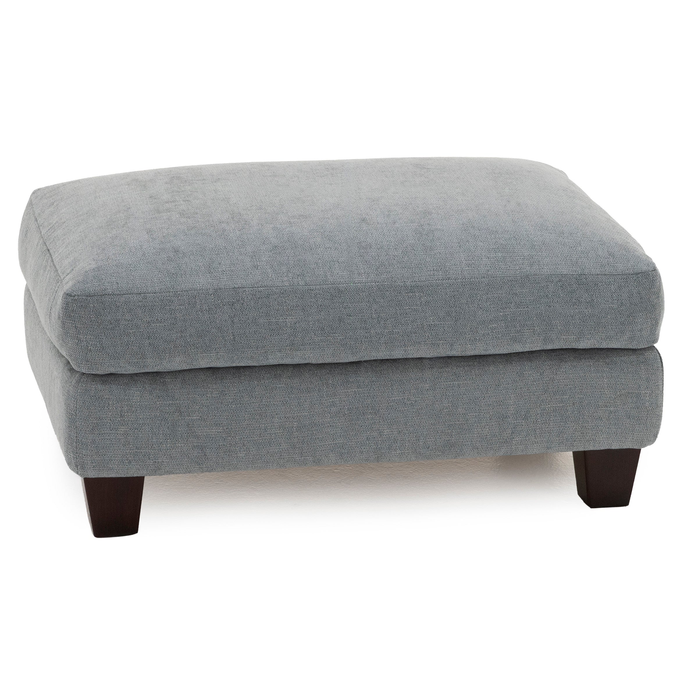 Light gray fabric ottoman with dark wooden legs.