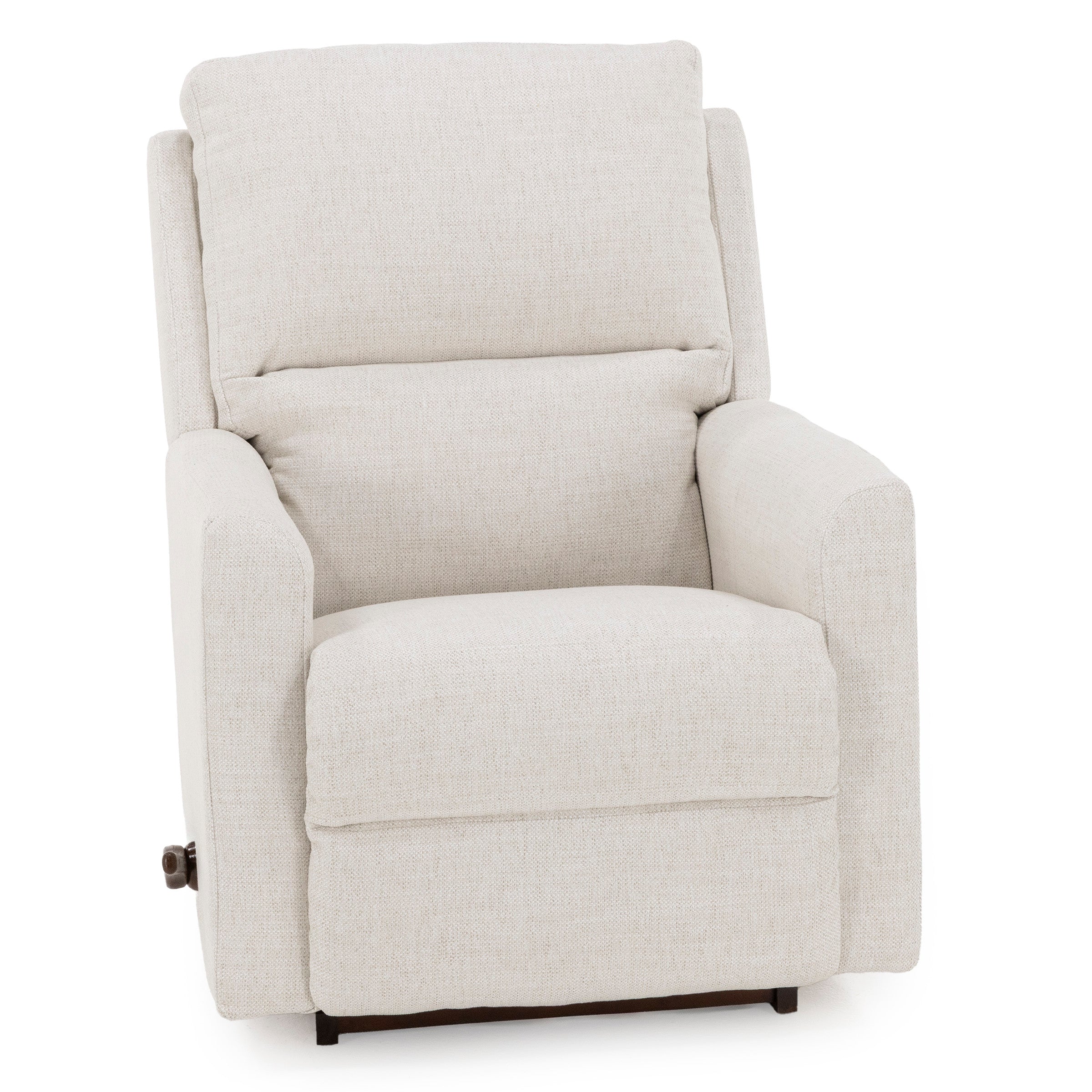 Beige upholstered recliner chair with padded armrests and backrest.