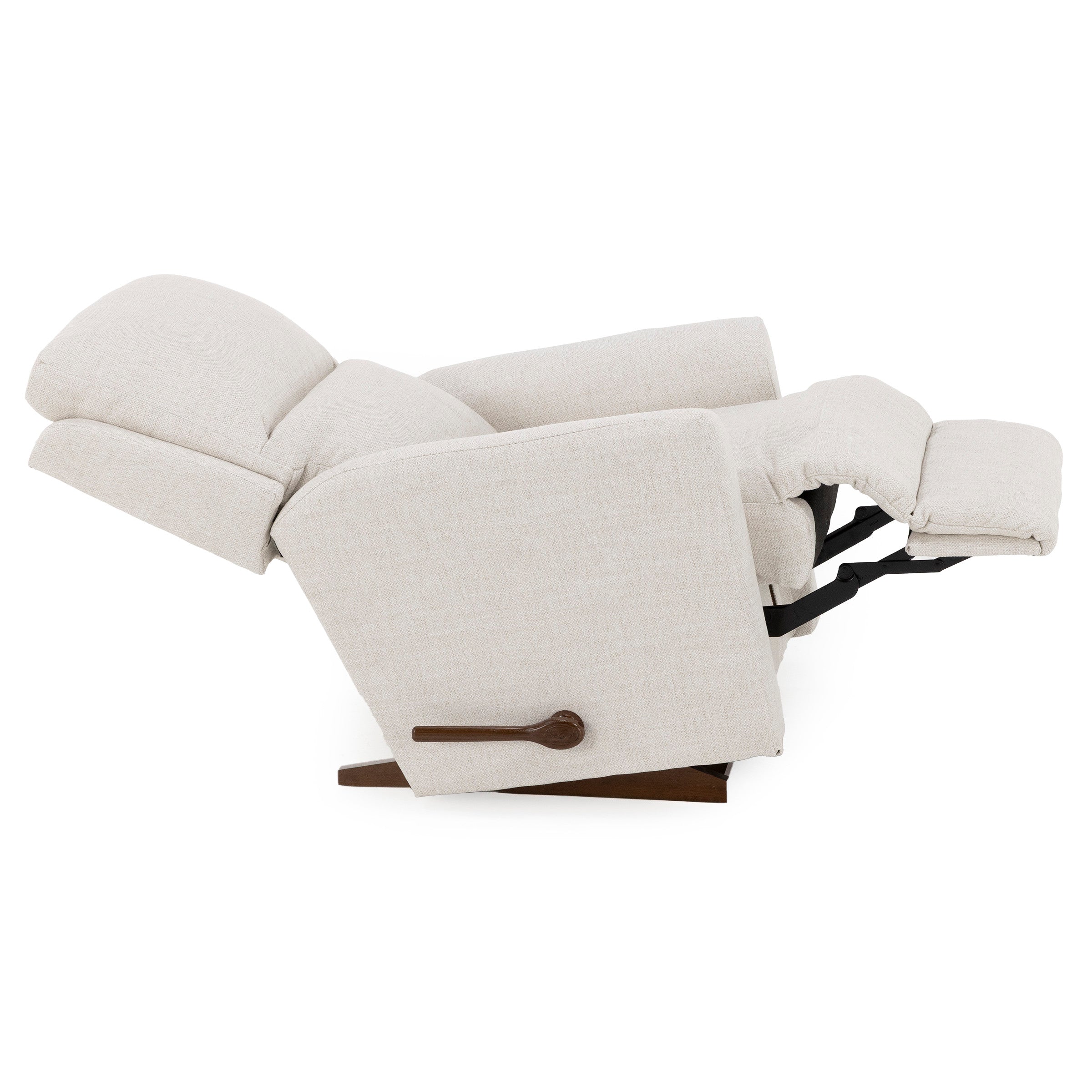 Beige recliner chair fully extended in side profile.