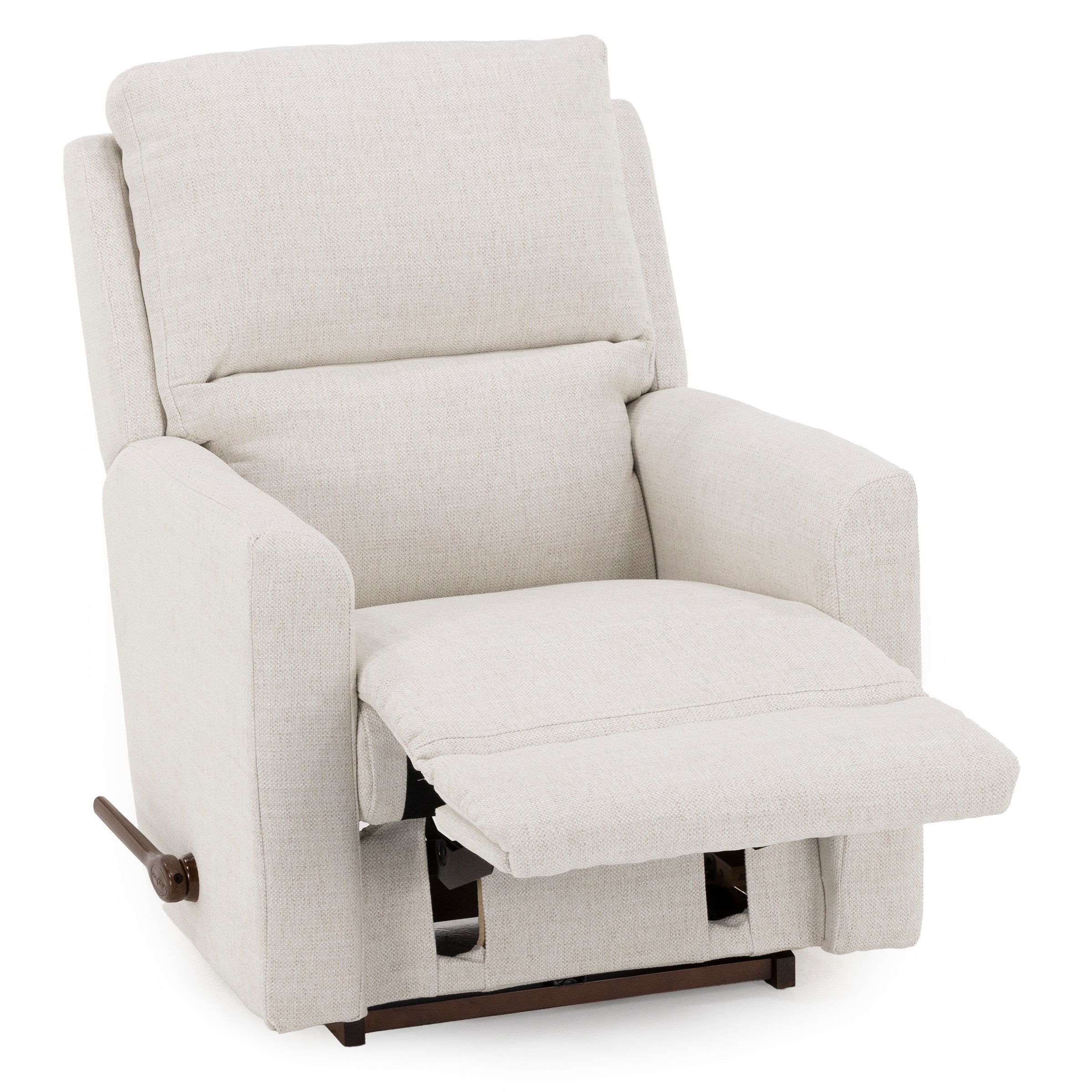 Beige fabric recliner chair with extended footrest.