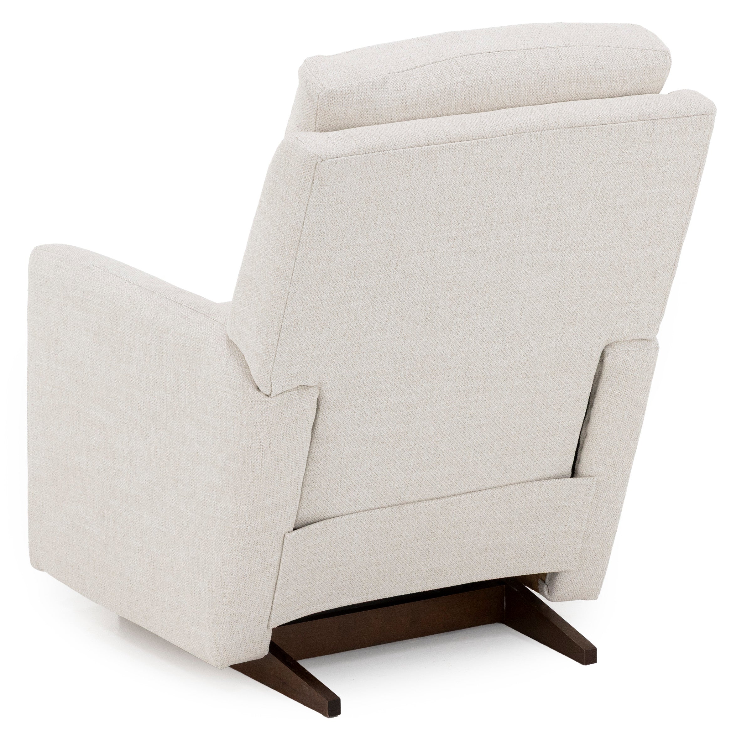 Back view of a modern beige recliner chair with wooden base.