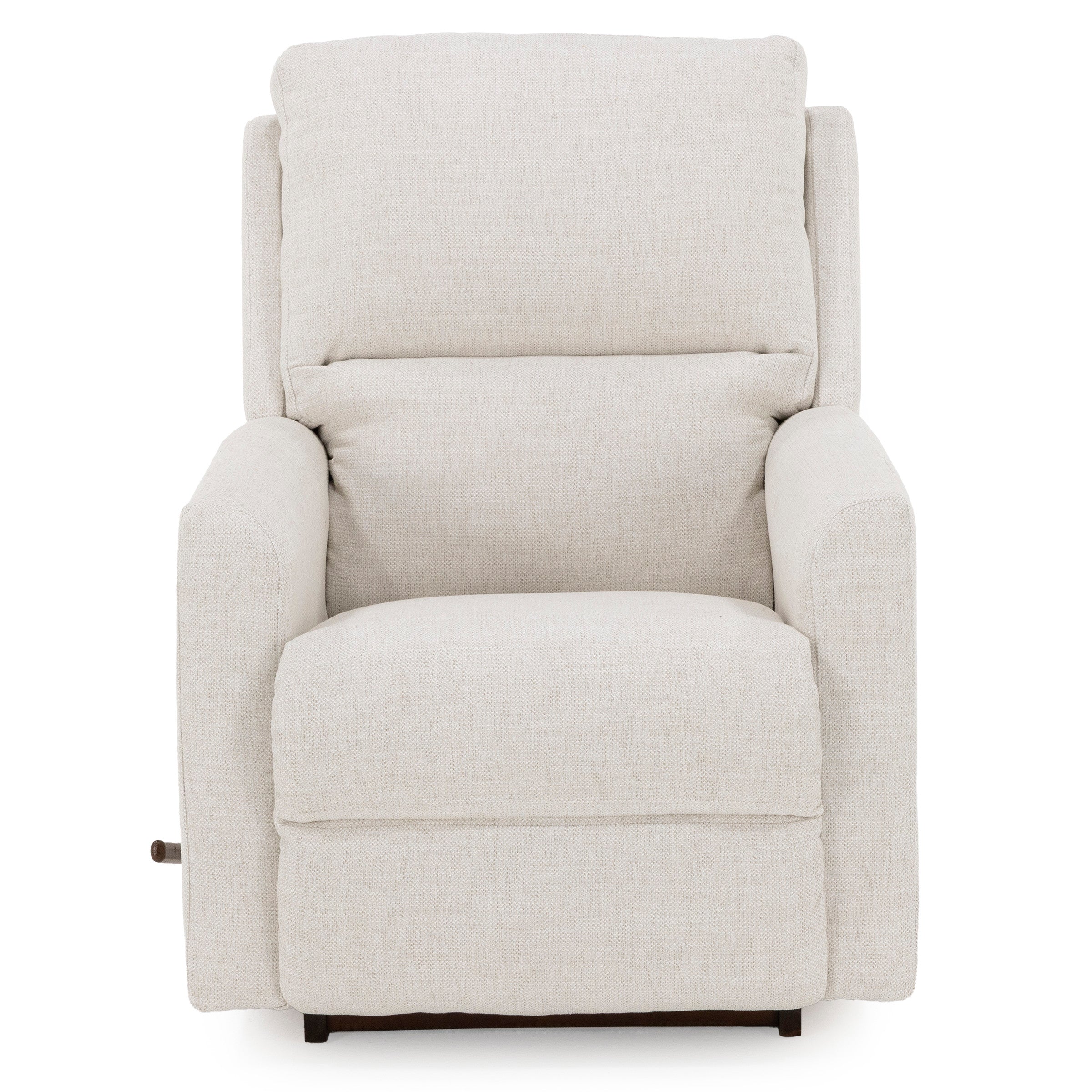 Front view of a plush, beige fabric recliner chair with padded arms and backrest.