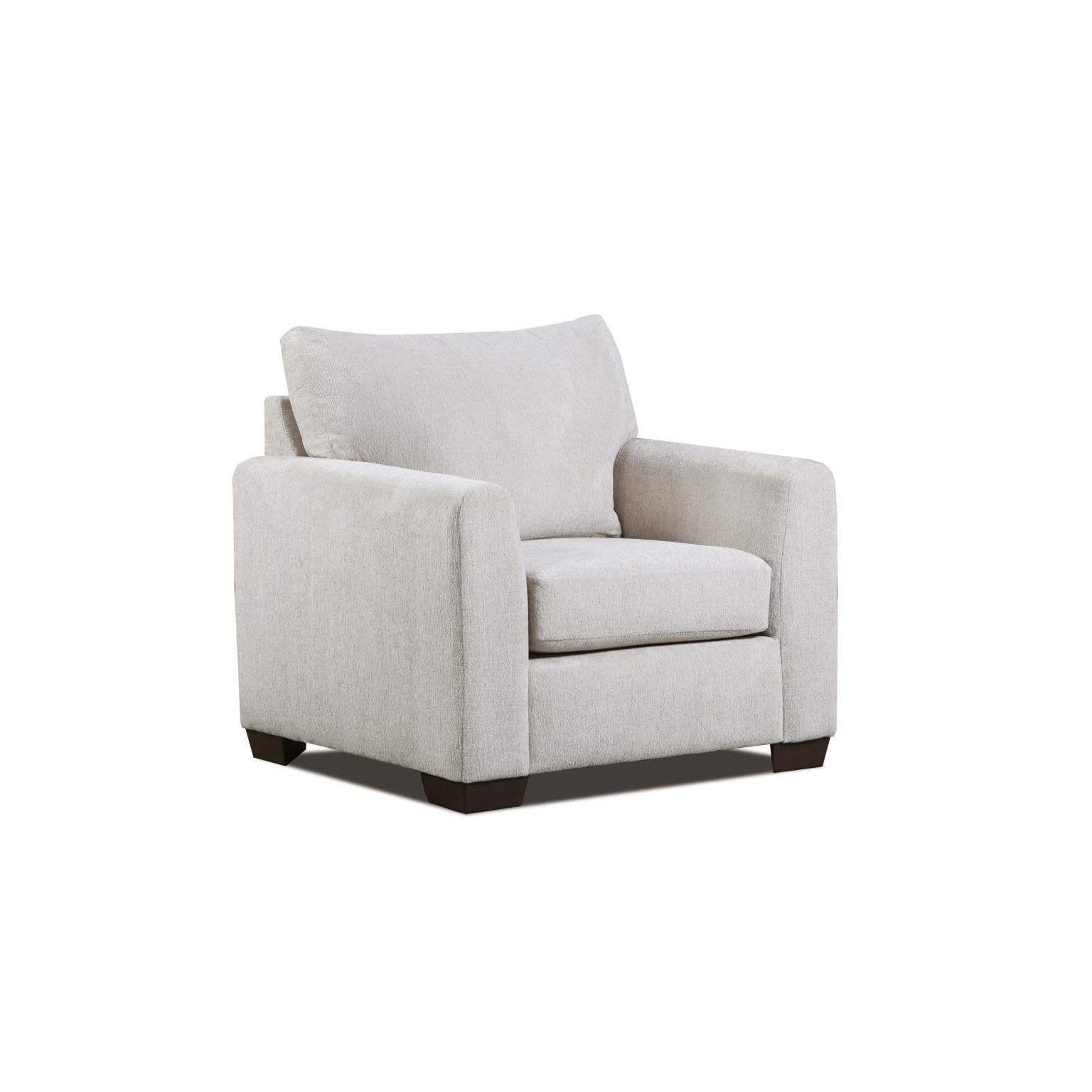 Light beige upholstered armchair with square arms and dark wood legs.