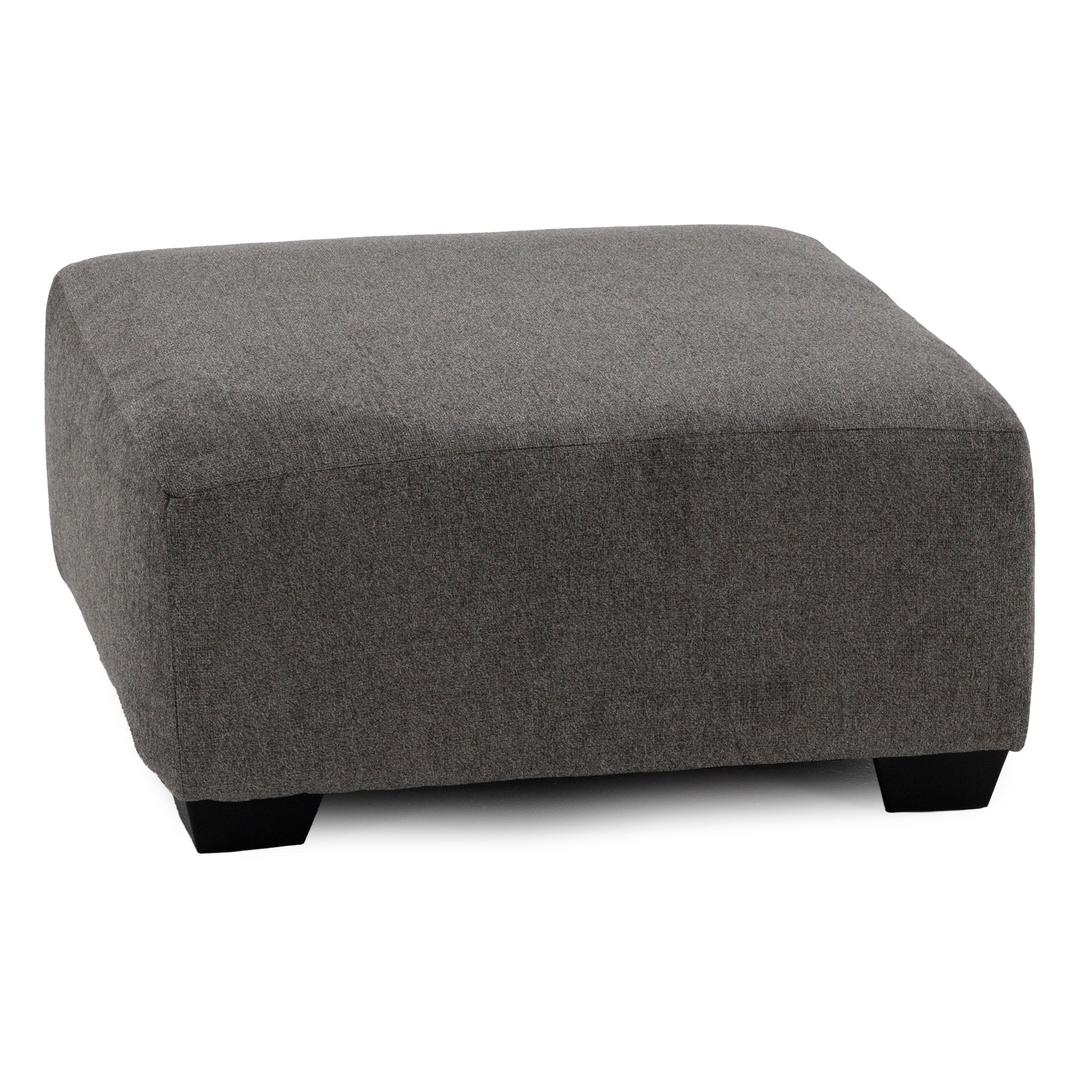 Gray square ottoman with short black legs.