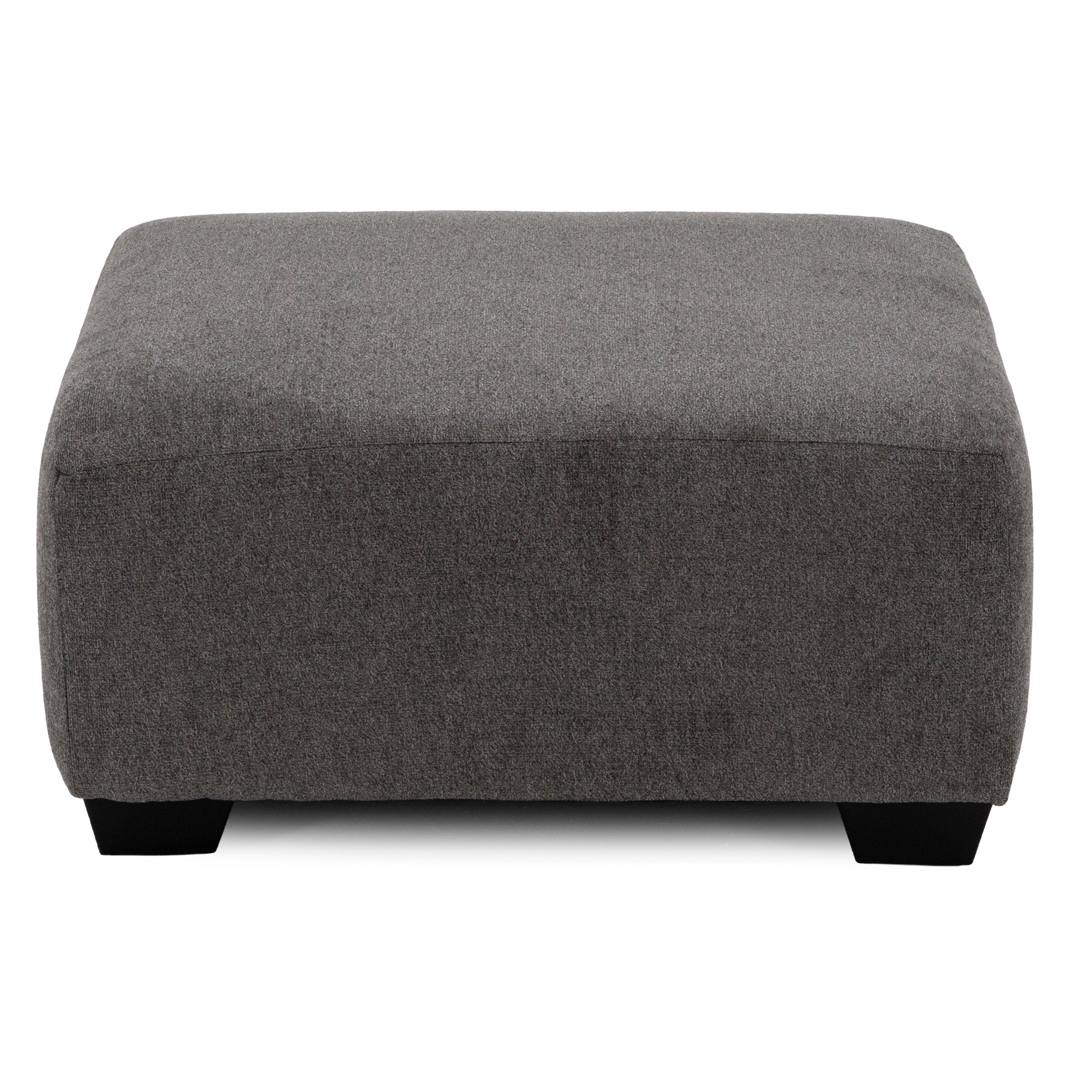 Square gray upholstered ottoman with short black feet.
