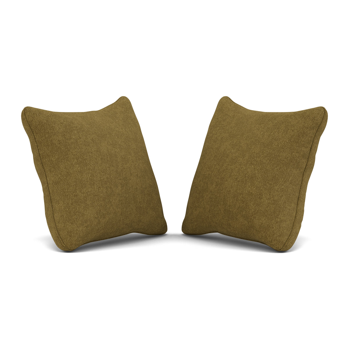 Pair of square mustard-colored throw pillows on white background.