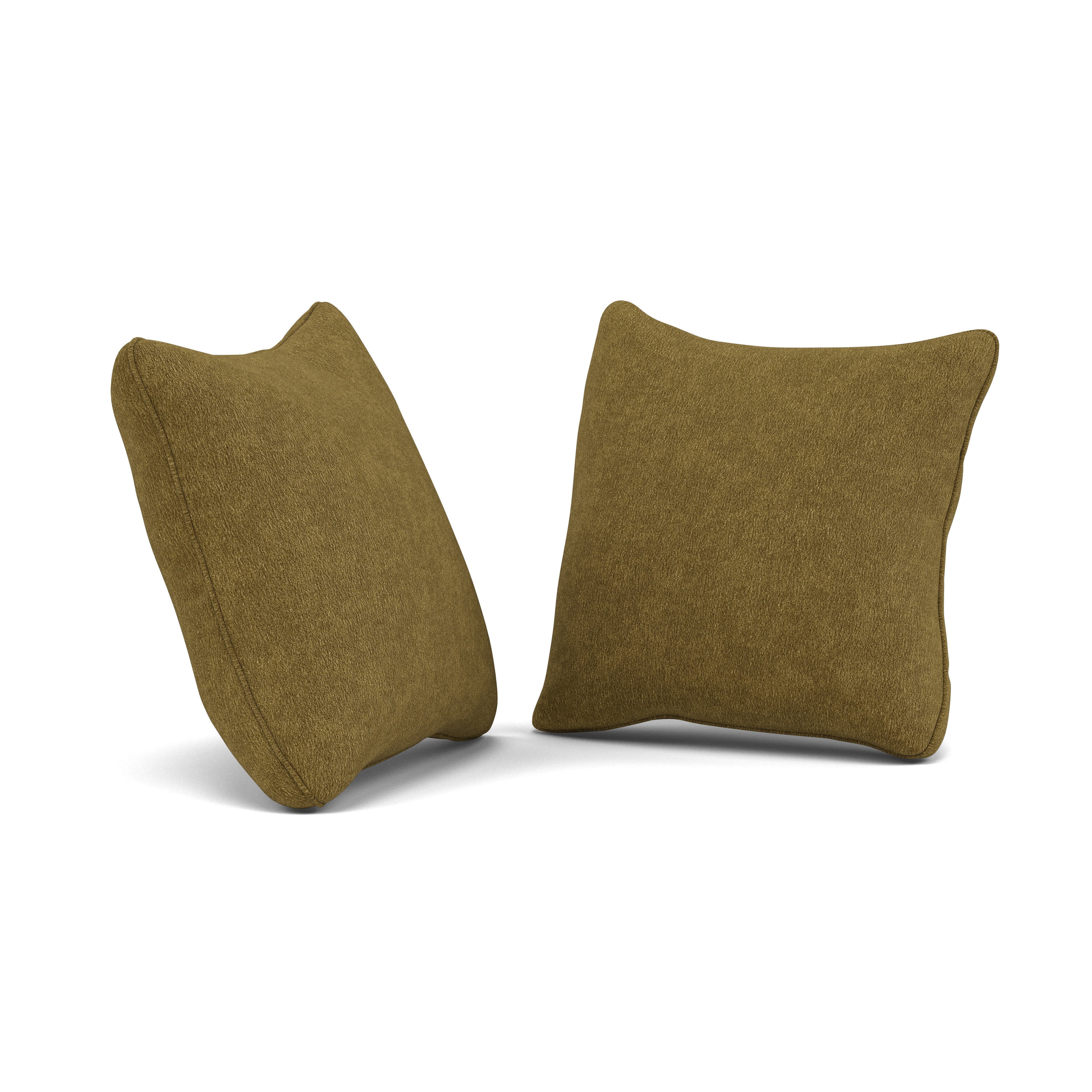 Two olive green throw pillows on a white background.