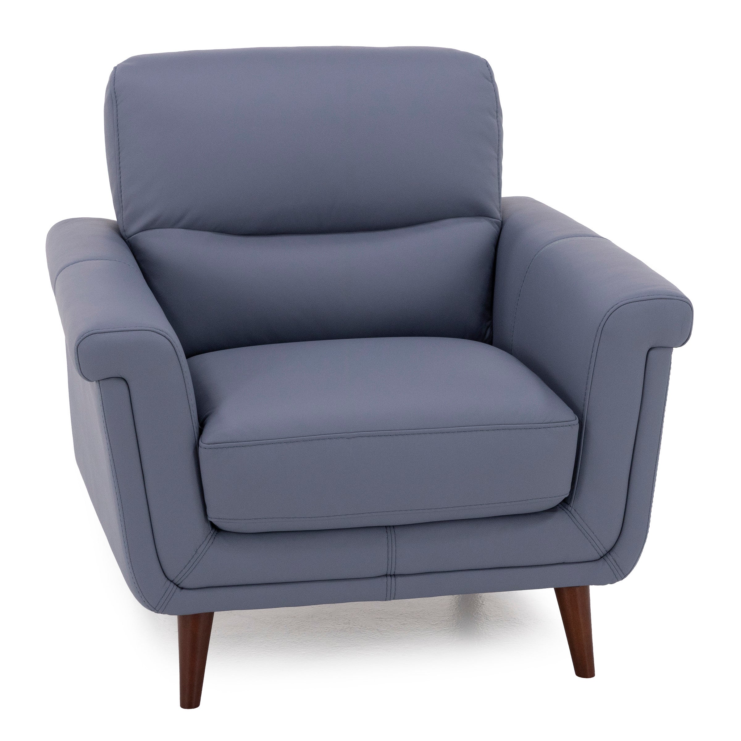 Modern blue armchair with wooden legs.
