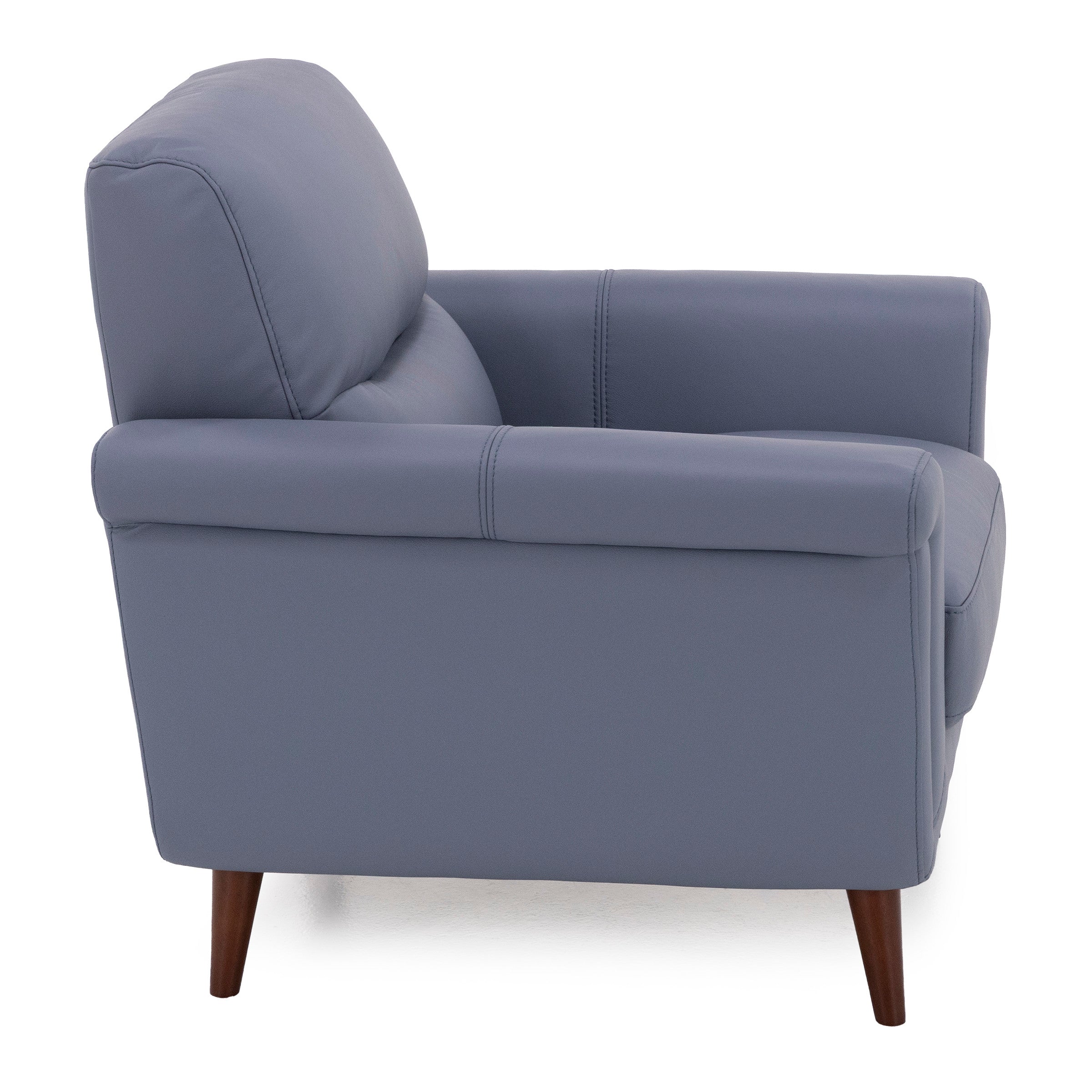 Side view of a modern blue armchair with wooden legs.