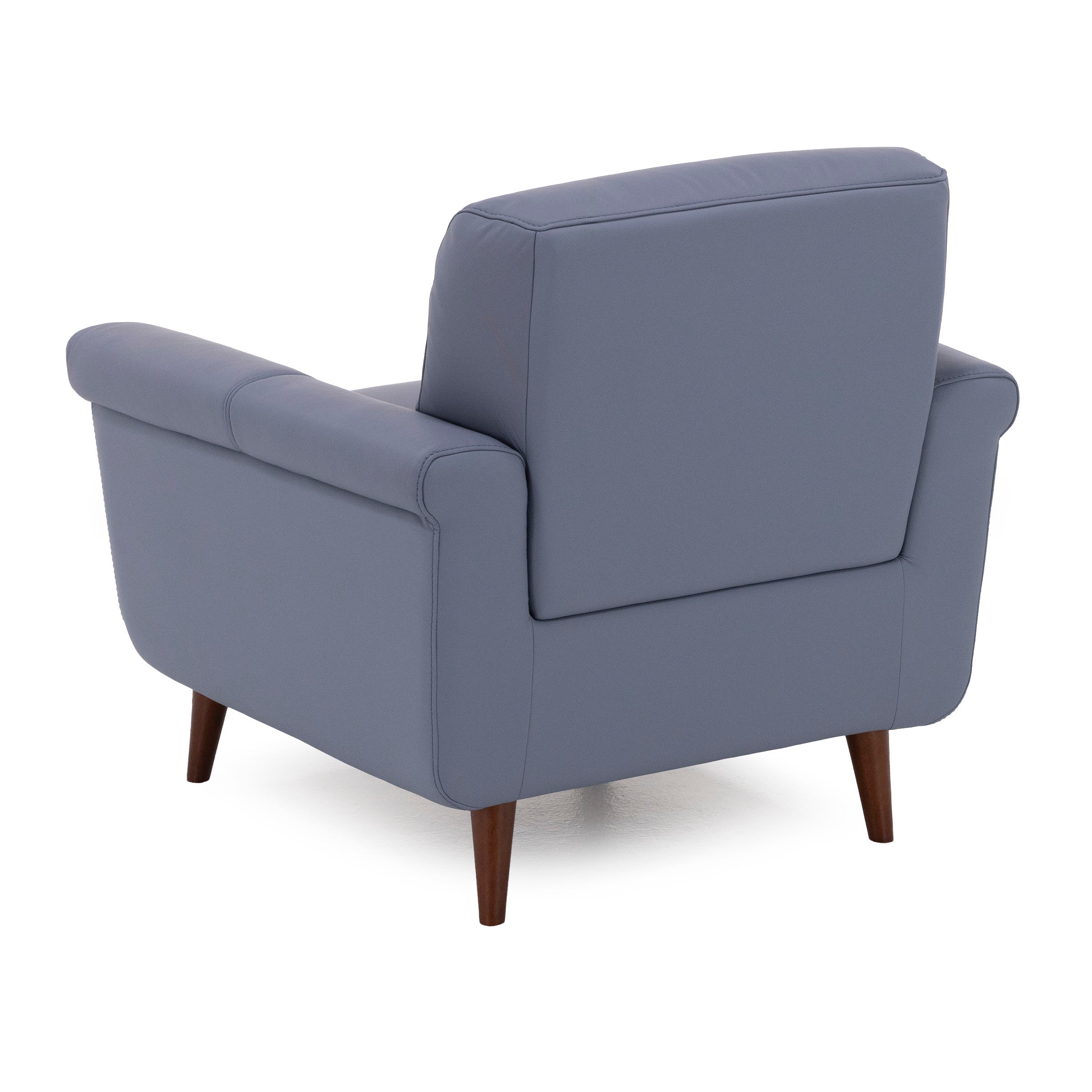 Back view of a modern blue armchair with wooden legs.