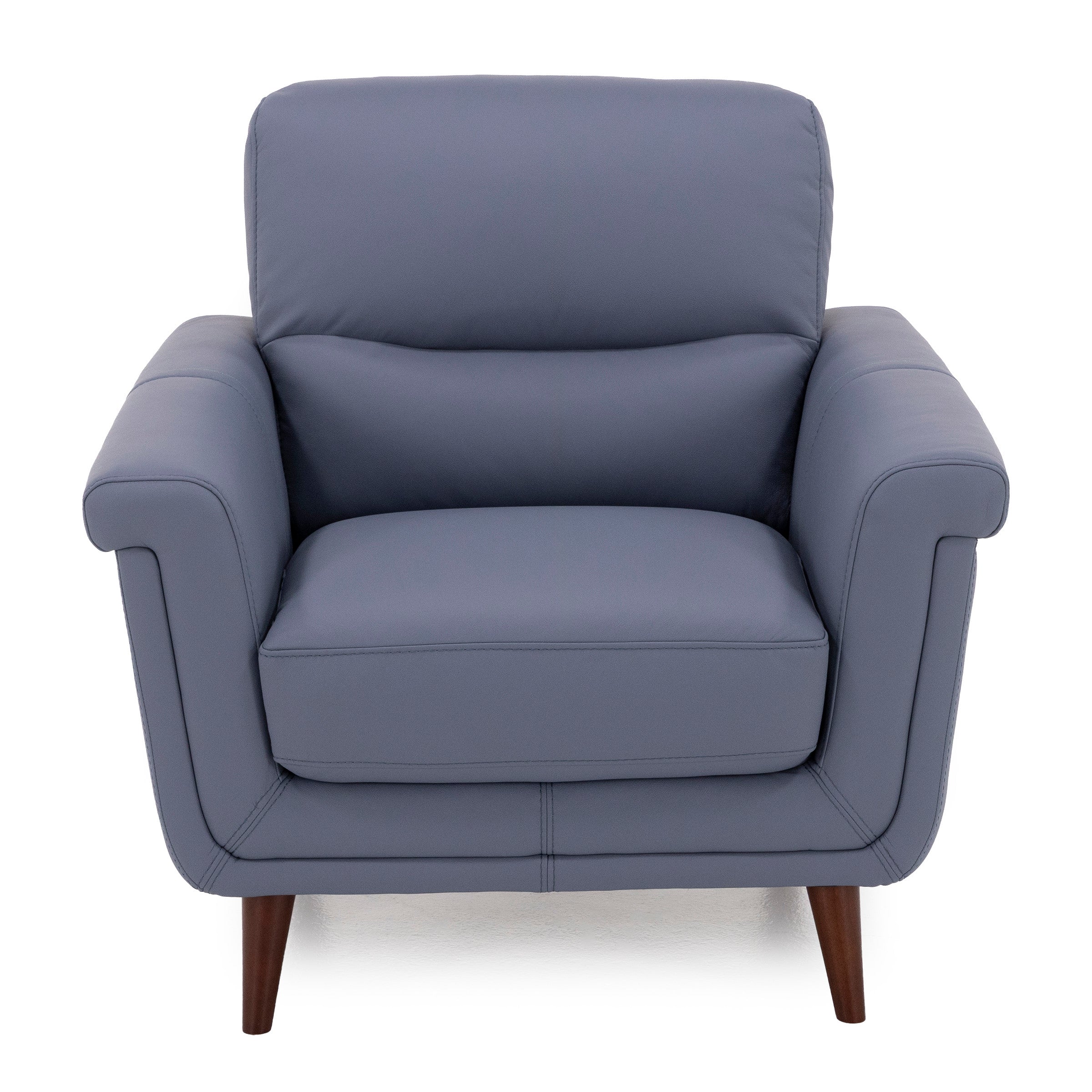 Blue armchair with wooden legs, shown from the front against a white background.