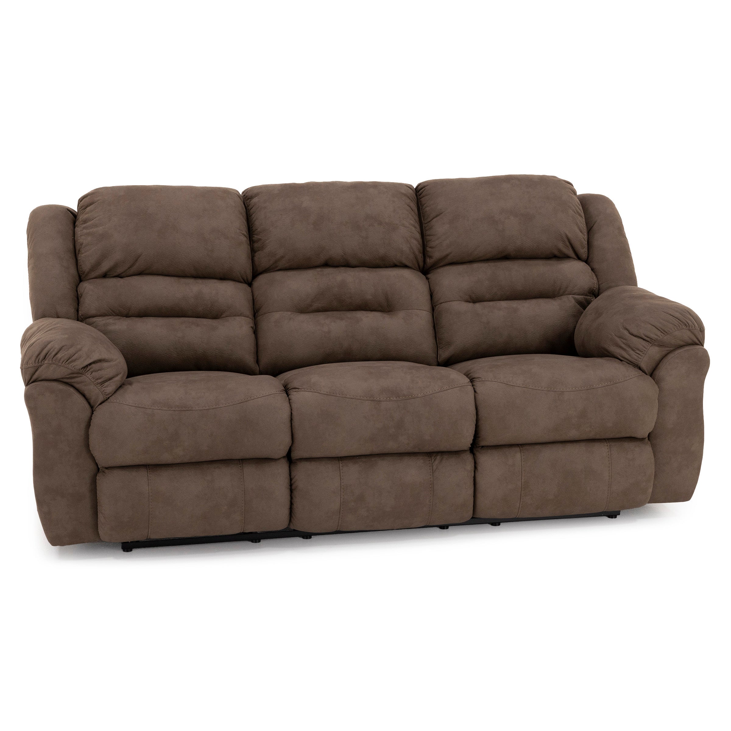 Brown three-seat reclining sofa with plush cushioning and pillow top arms.