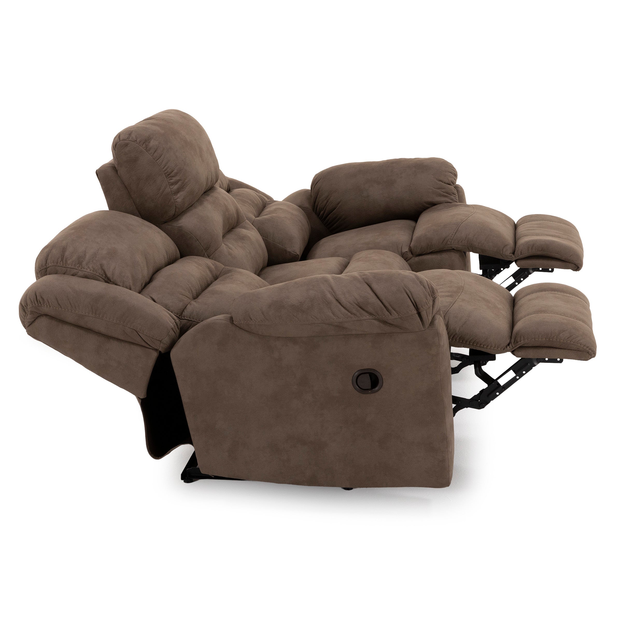 Brown reclining loveseat with extended footrests, shown in side profile.