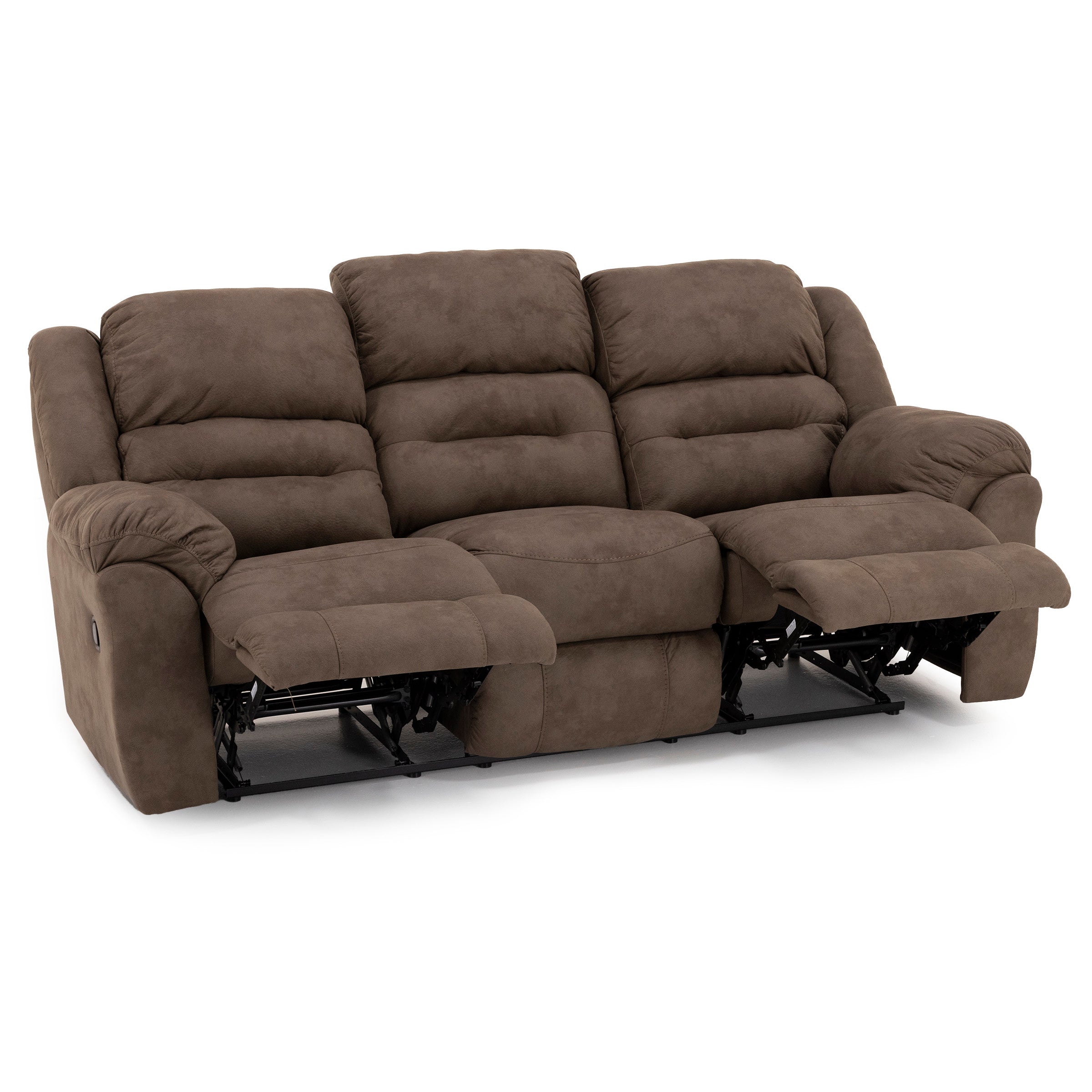Brown reclining sofa with padded seats and extended footrests.