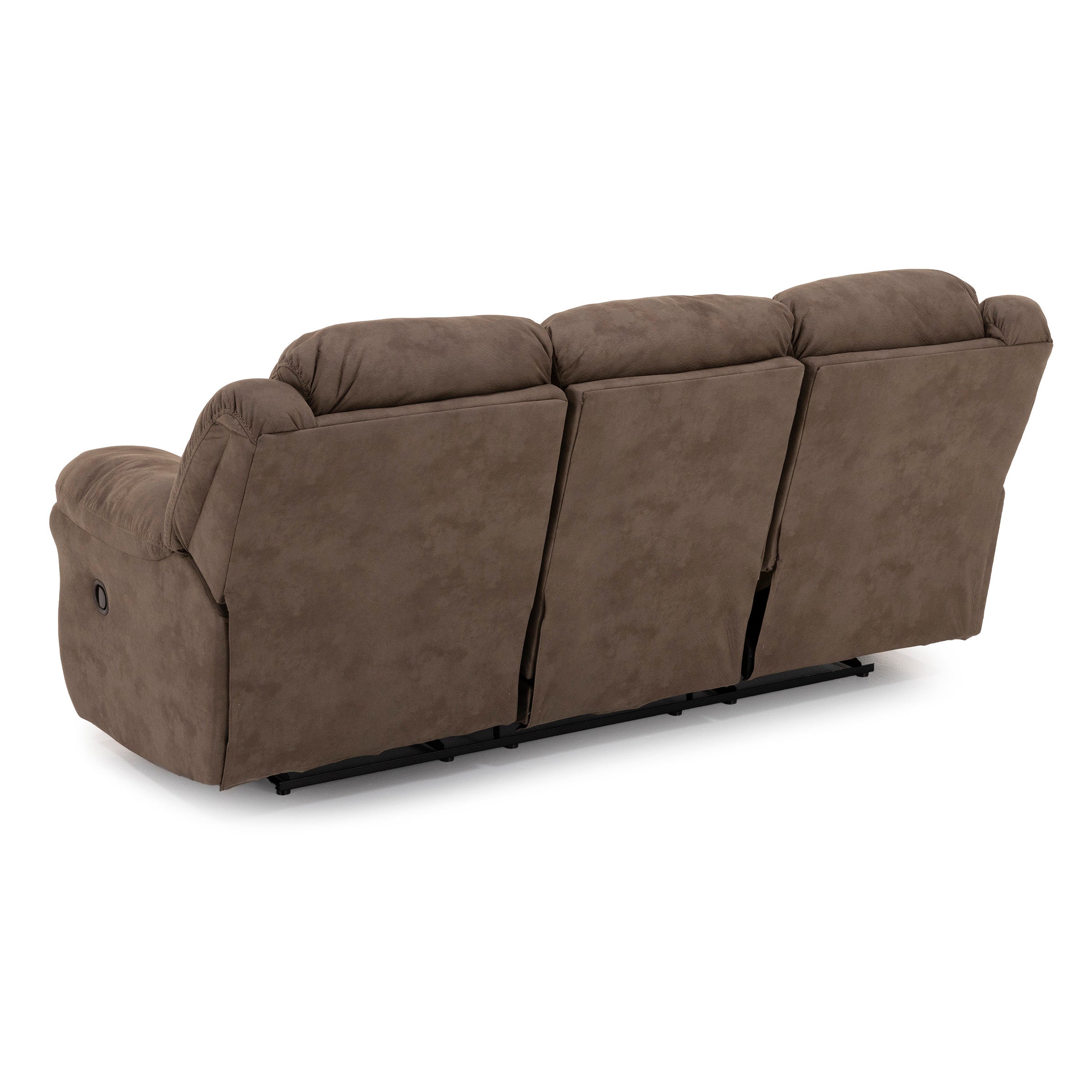Back view of a brown three-seat reclining sofa.