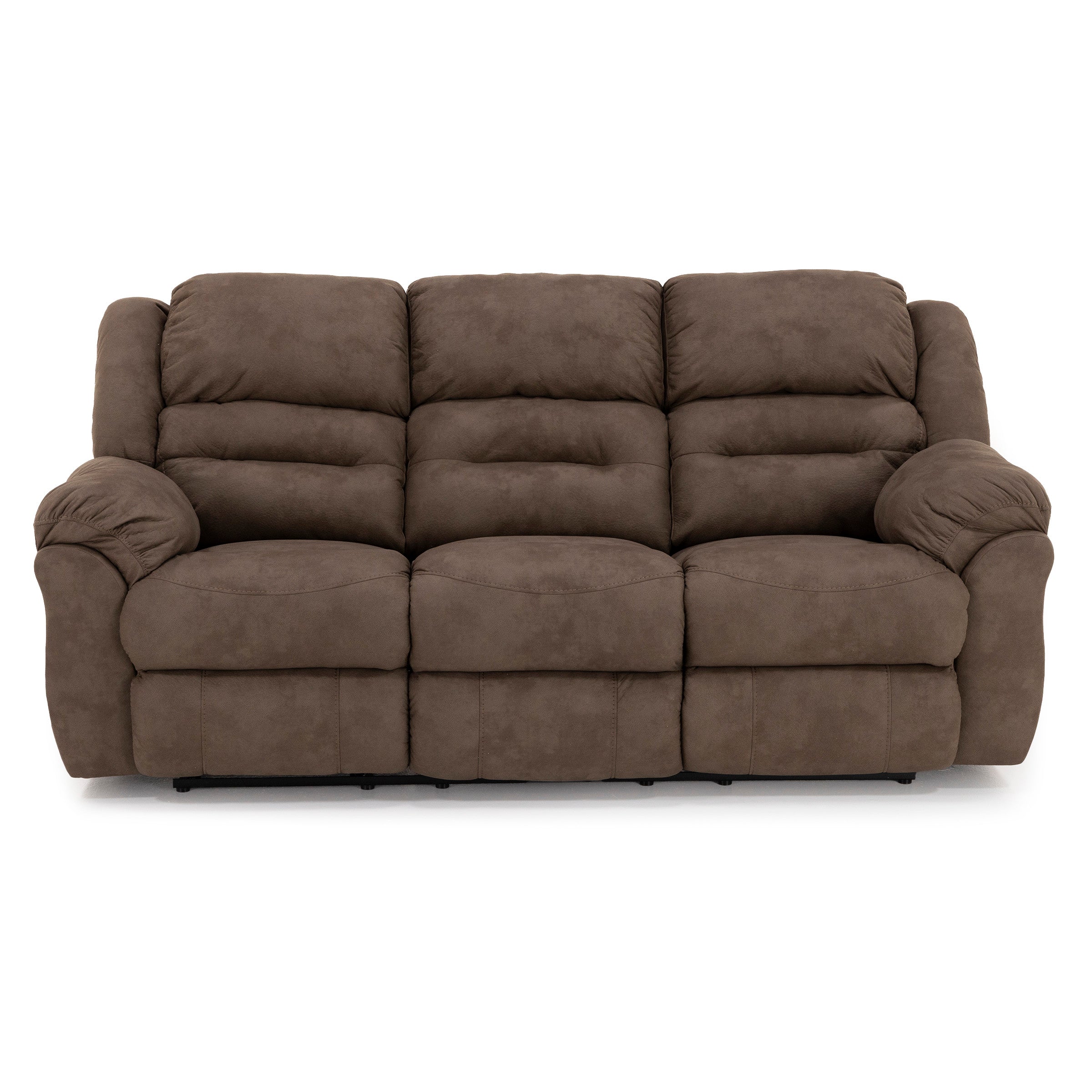 Brown three-seat reclining sofa with plush cushions and armrests, front view.