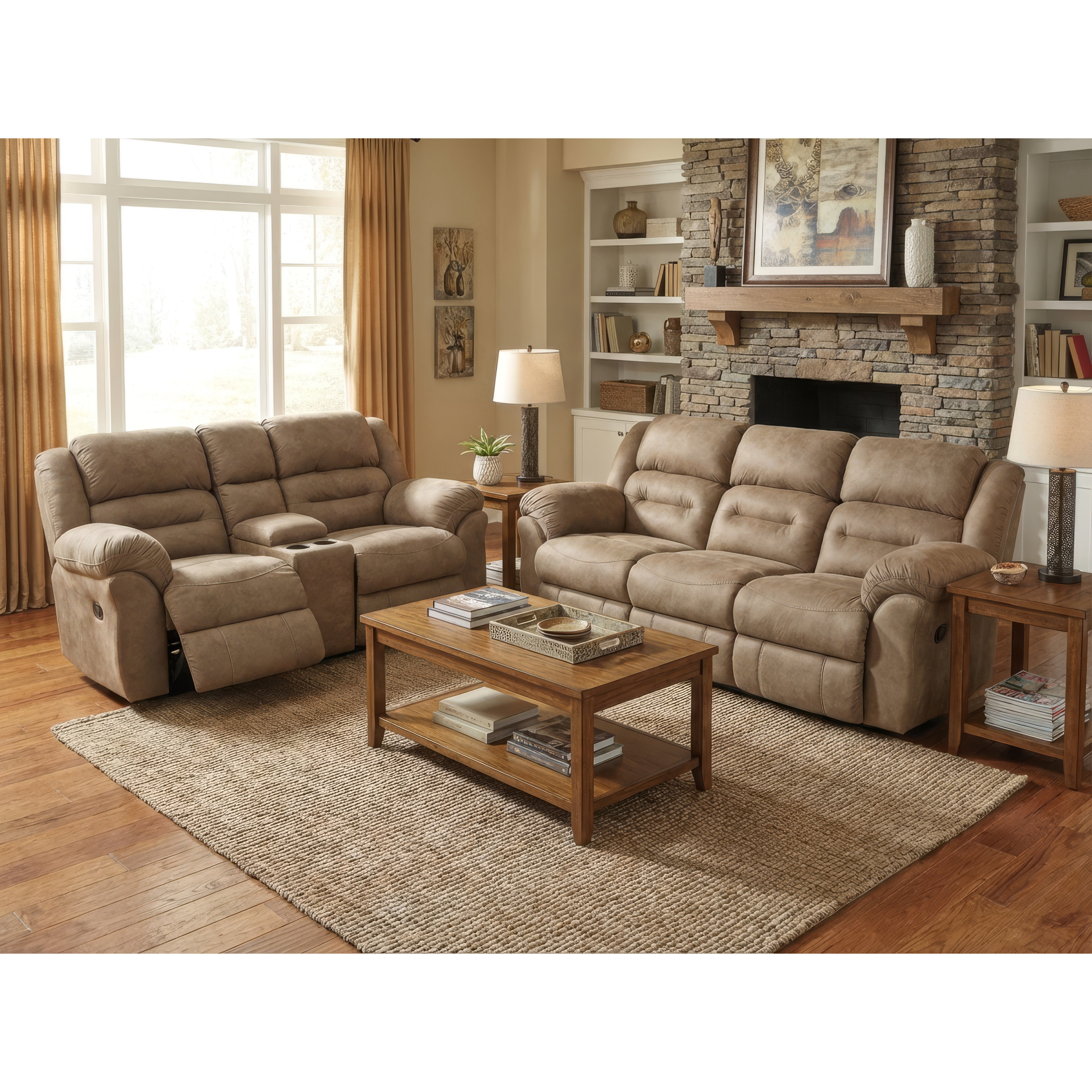 Beige reclining sofa and loveseat set in a cozy living room with wood coffee table and fireplace.