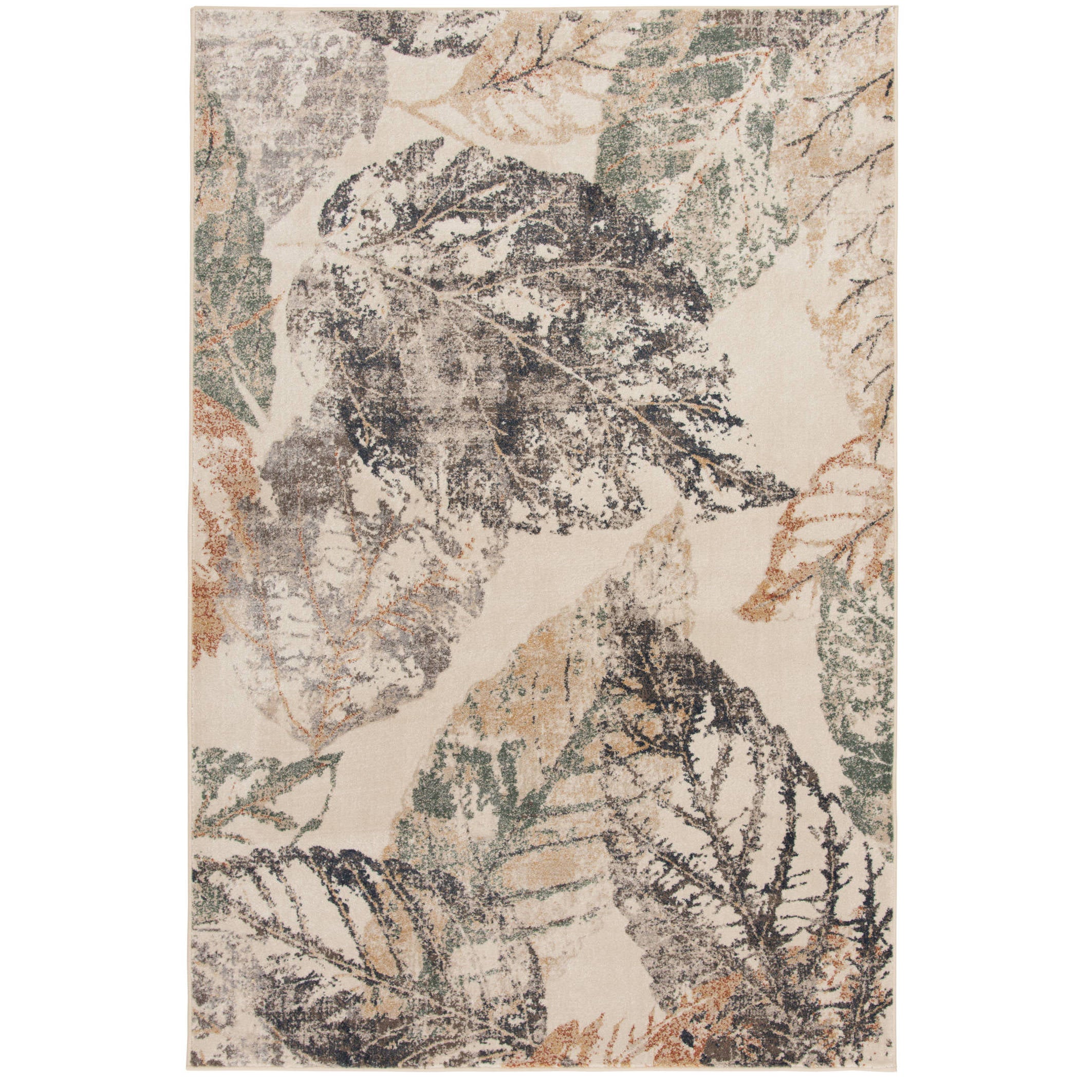 Area rug with large, overlapping leaf patterns in muted green, beige, and gray tones.