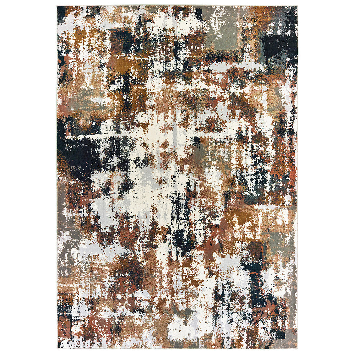 Abstract area rug with textured brown, black, and white patterns.