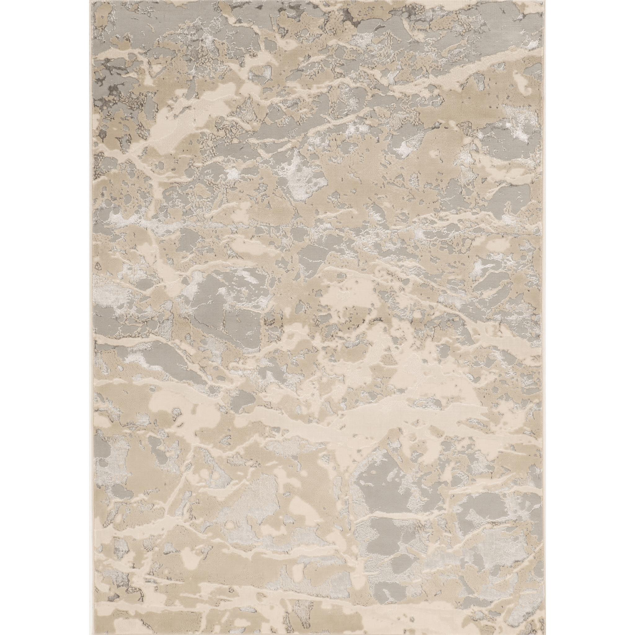 Beige and gray abstract patterned rug with a marbled, stone-like design.