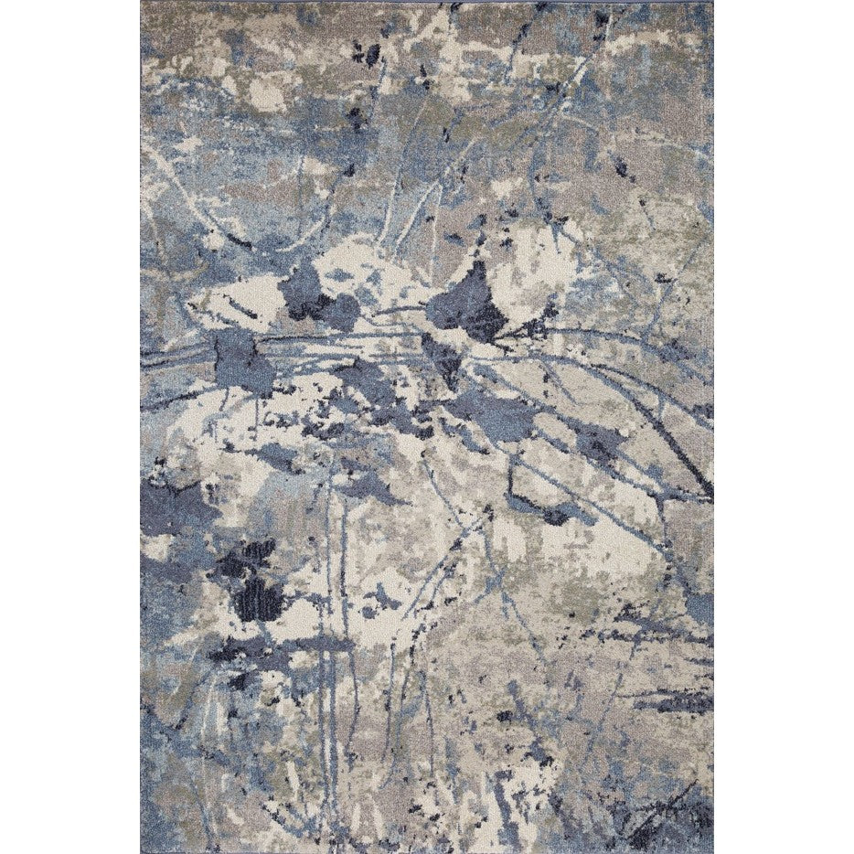 Contemporary area rug with abstract blue, gray, and beige pattern.
