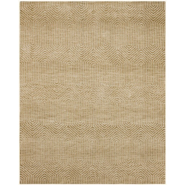Beige area rug with a subtle geometric pattern.