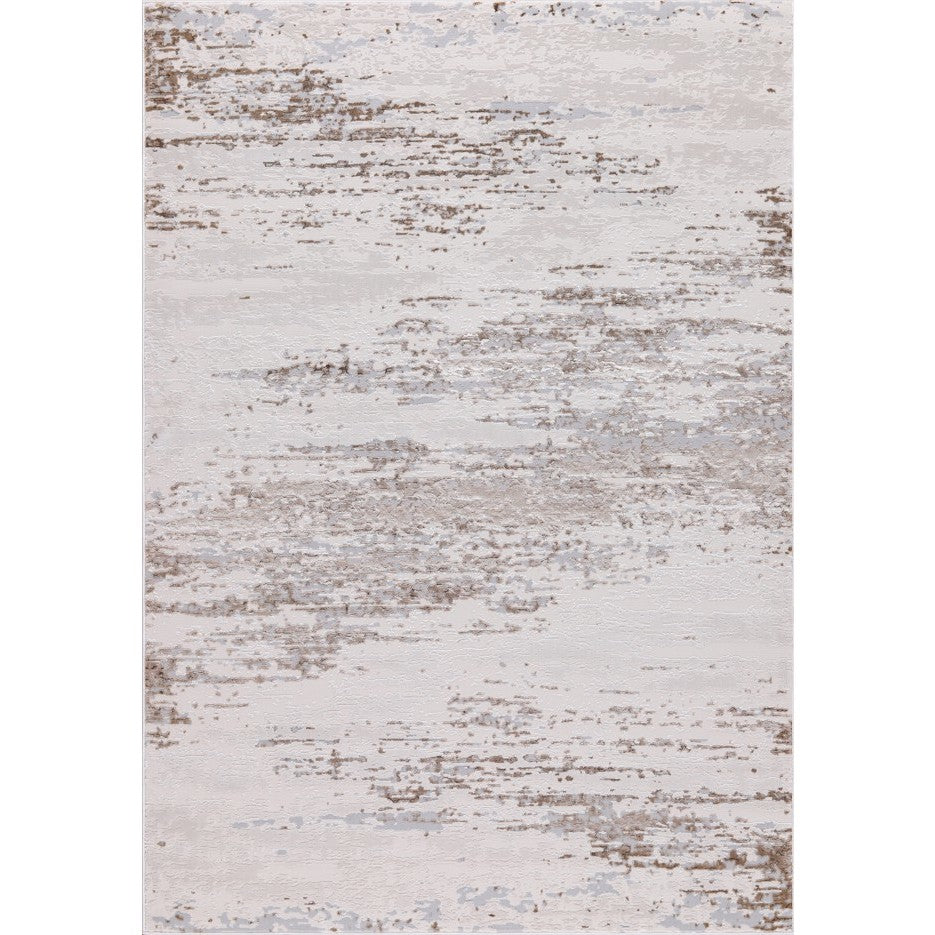 Abstract area rug with beige and cream tones, featuring a distressed, modern pattern.
