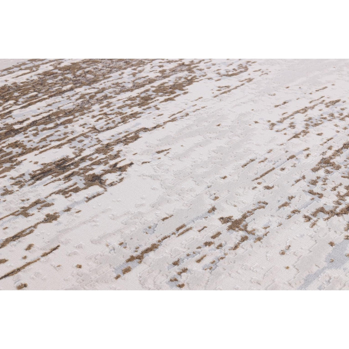 White and beige textured rug with an abstract, linear pattern.