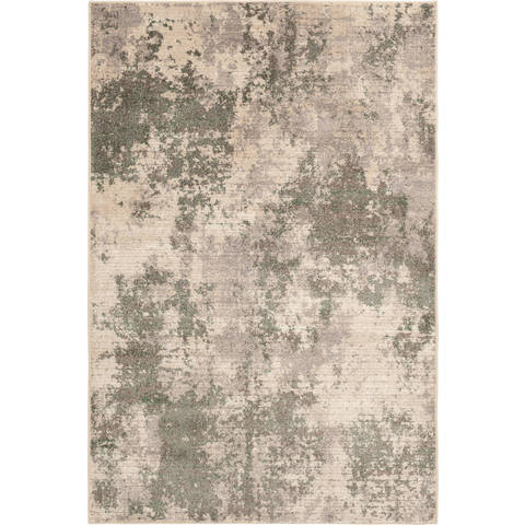 Abstract area rug with beige and green distressed pattern.