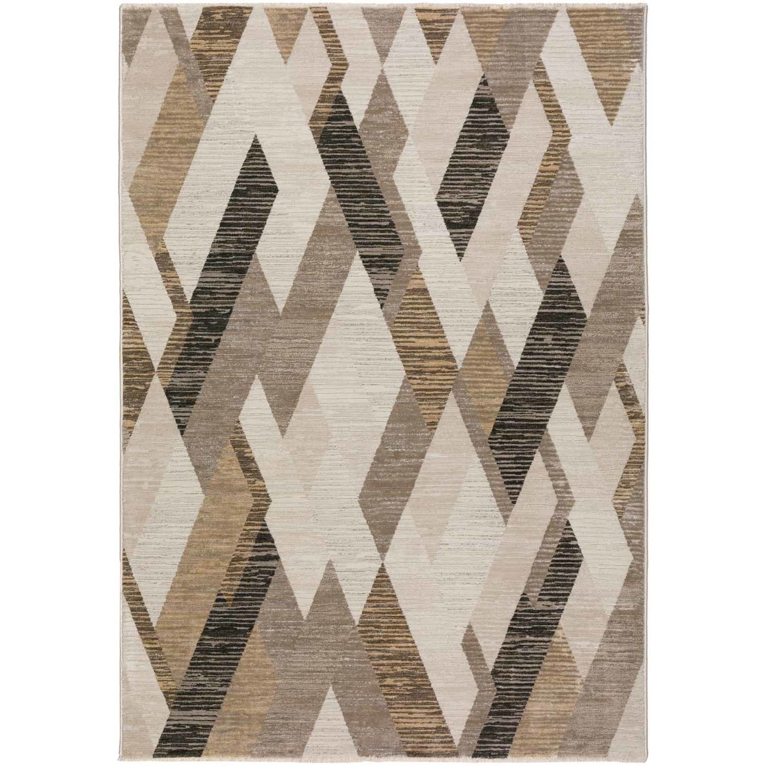 Geometric area rug with beige, brown, and gray diamond patterns.