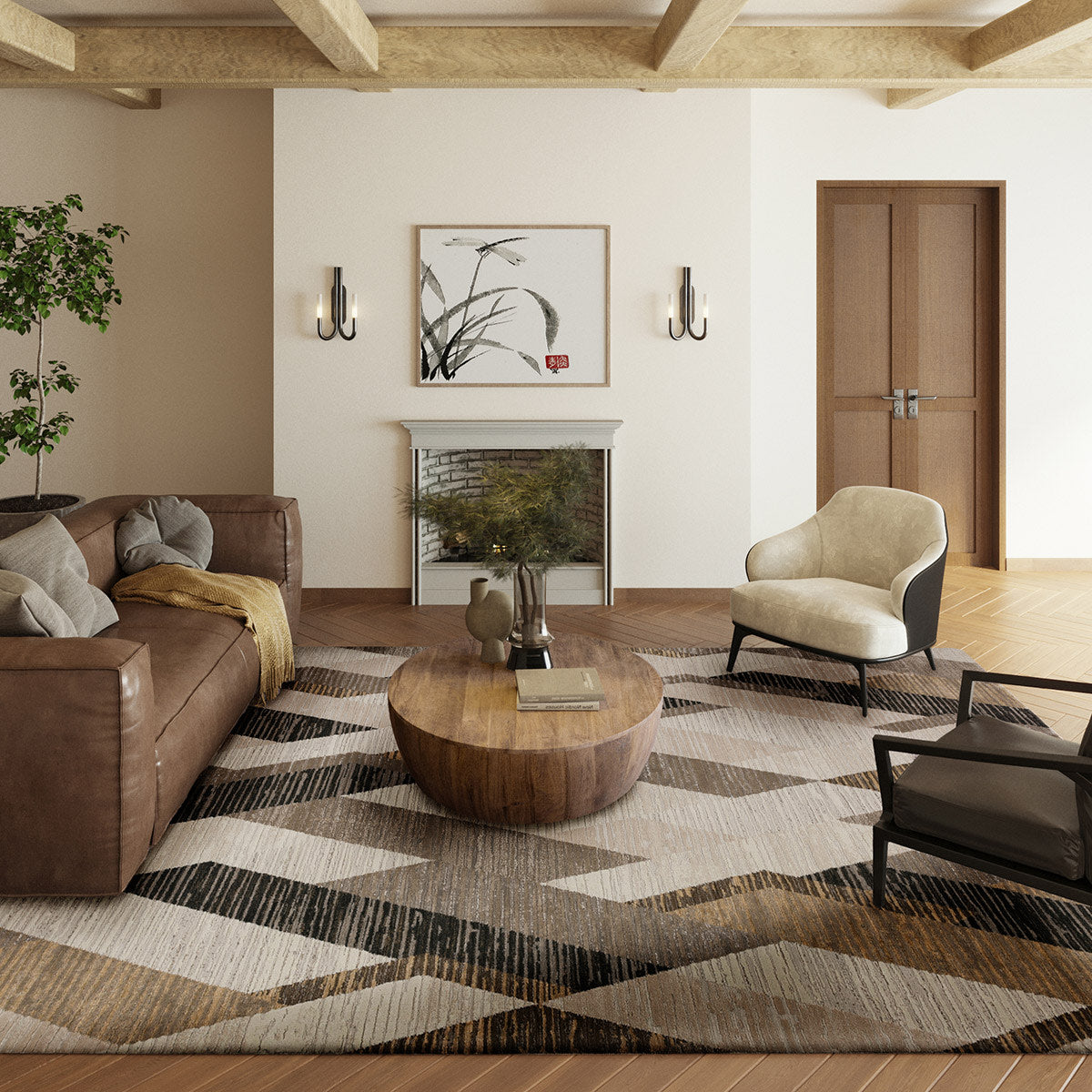 Modern living room with brown sofa, round wooden coffee table, and geometric area rug.