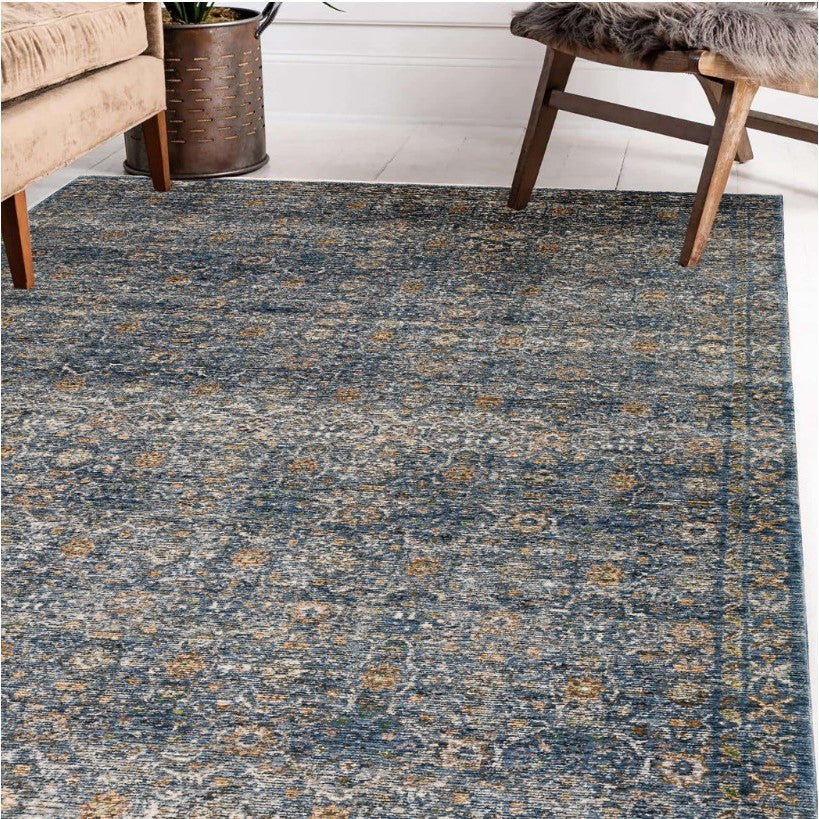 Blue and beige patterned area rug in a living room with a sofa and accent chair.