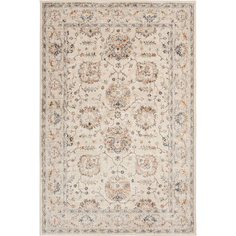 Traditional area rug with a light beige background and intricate floral patterns.
